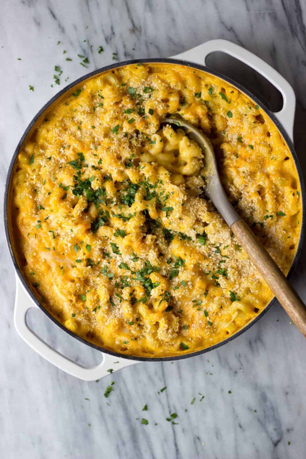 Butternut Squash Mac & Cheese in white skillet.