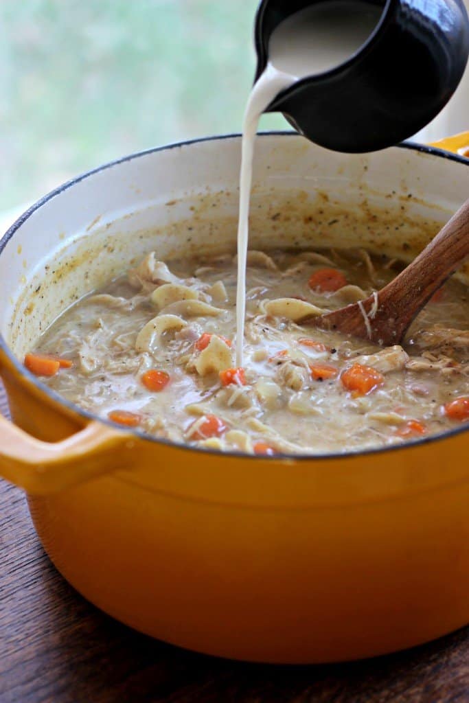 Creamy chicken noodle soup in a pot