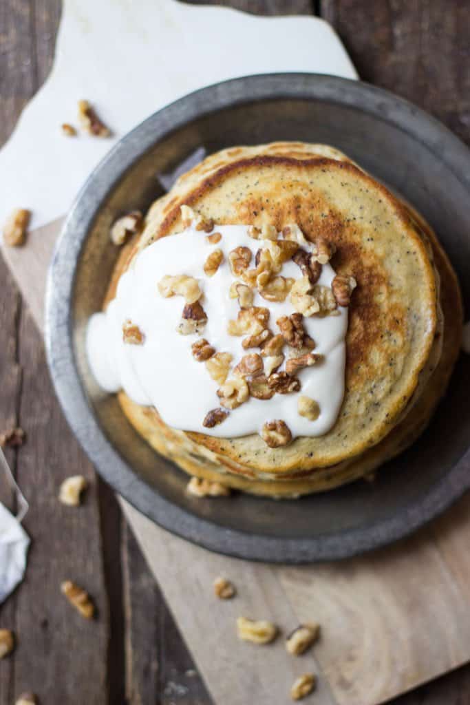 Walnut chai pancakes in a stack