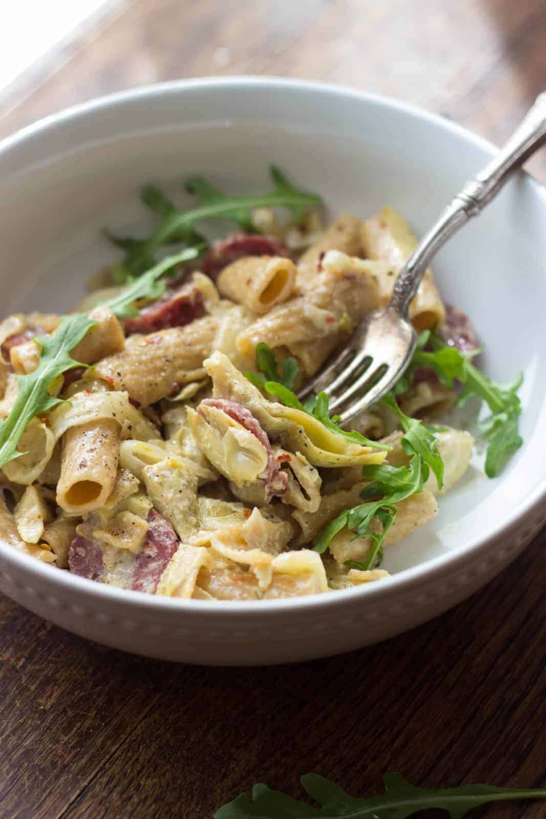 Pasta Calabrese with Artichokes in white bowl