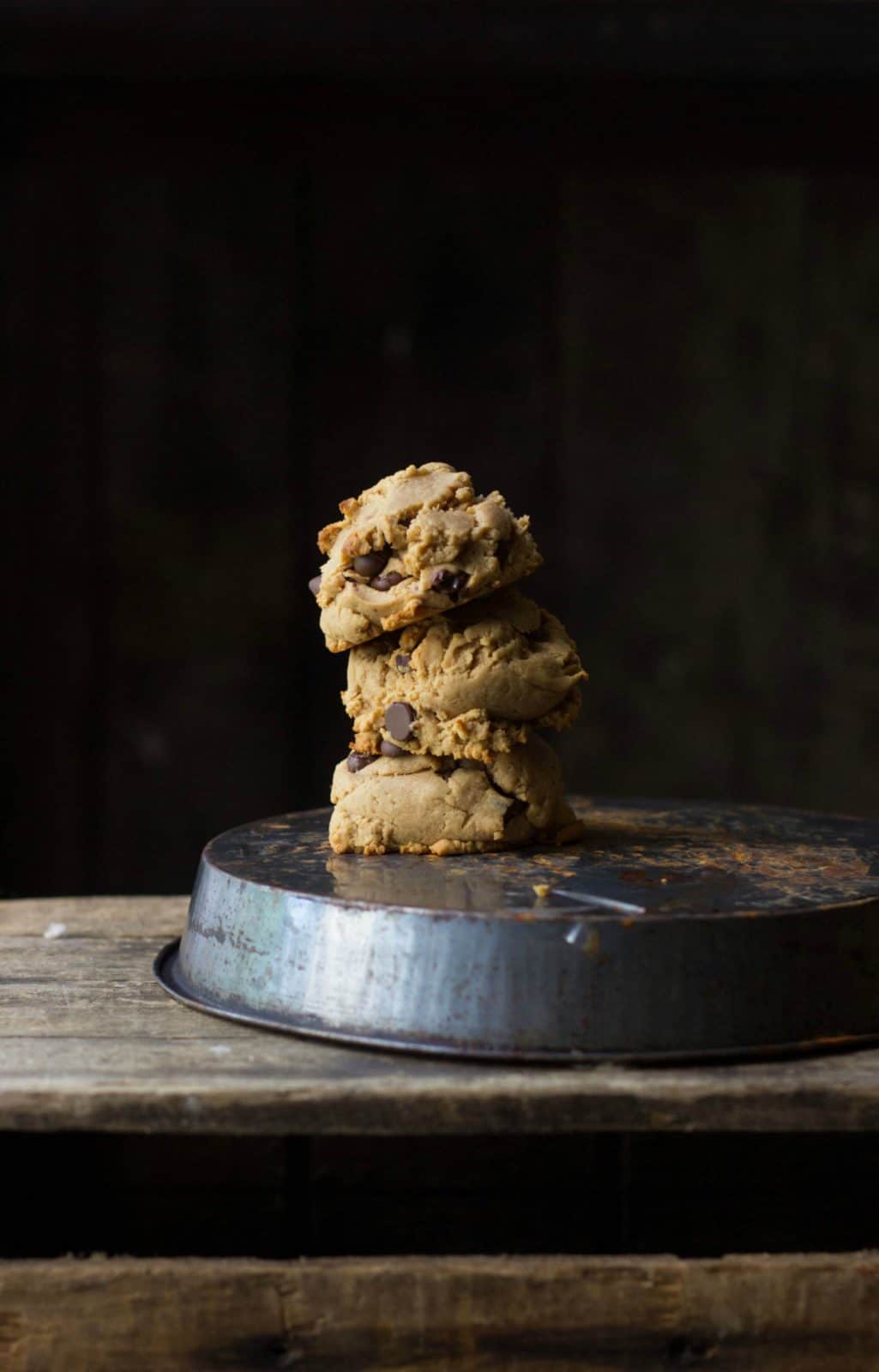 Peanut butter chocolate chip cookies stacked