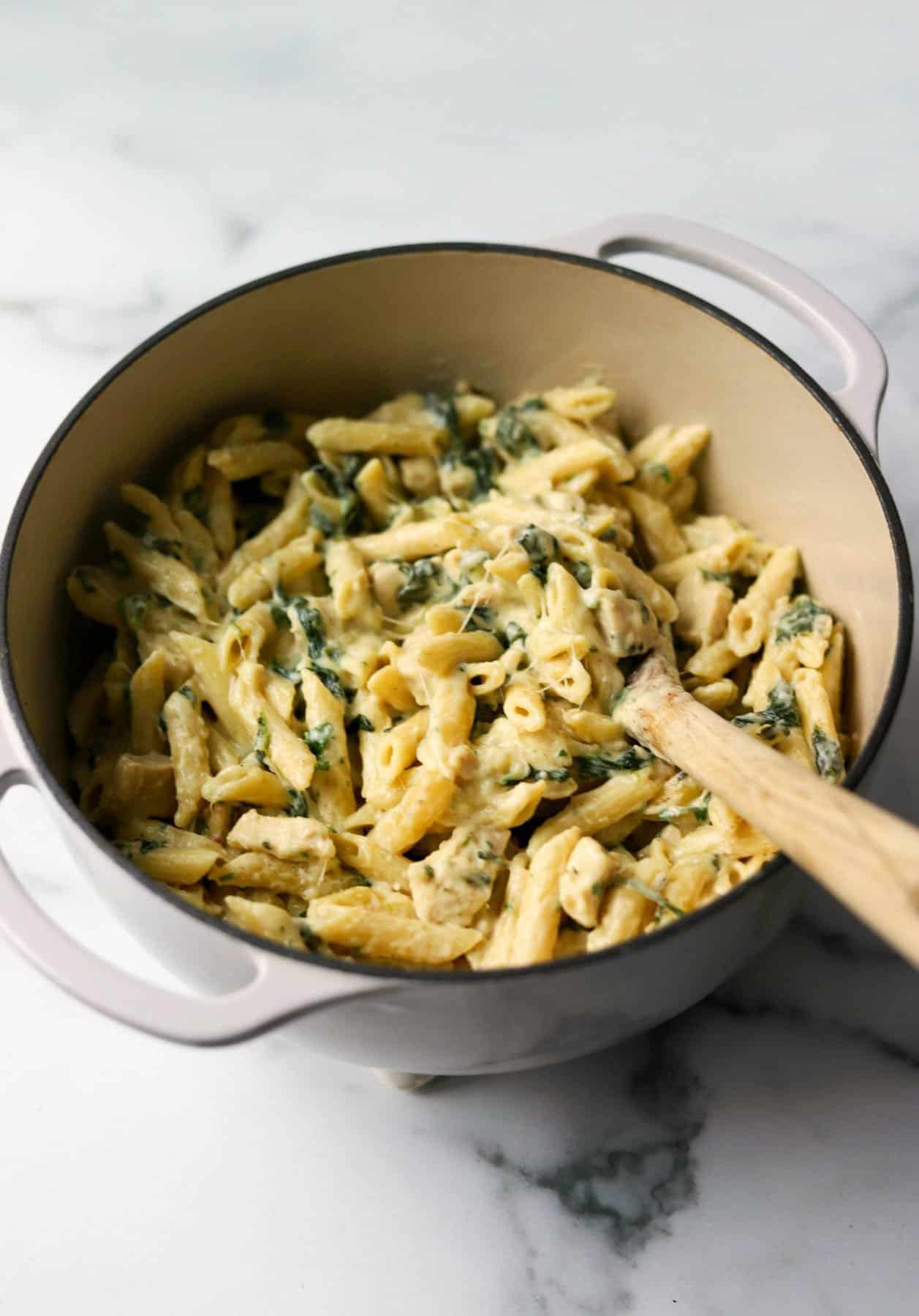 Chicken parmesan pasta in a white pot