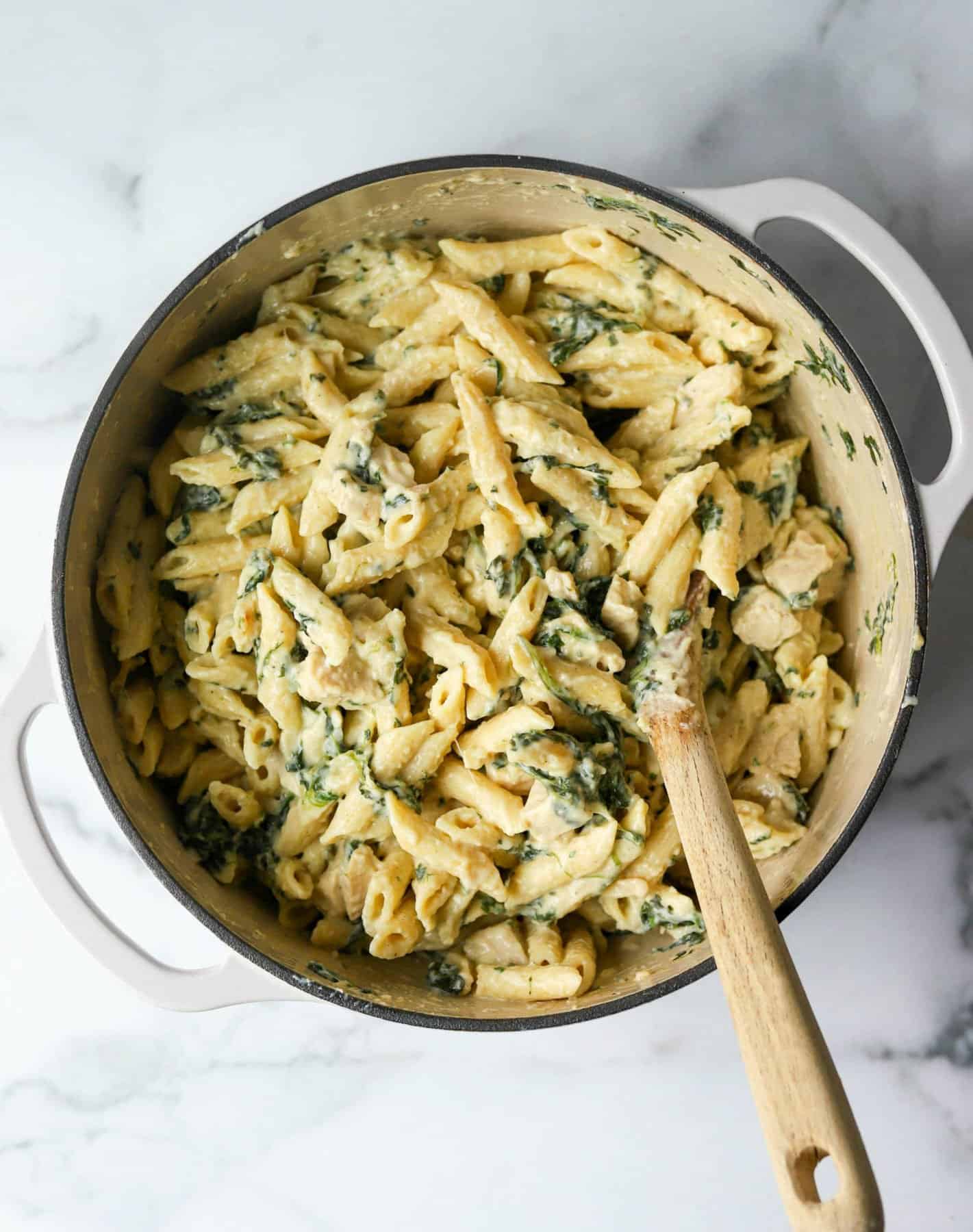 Chicken parmesan pasta in white pot