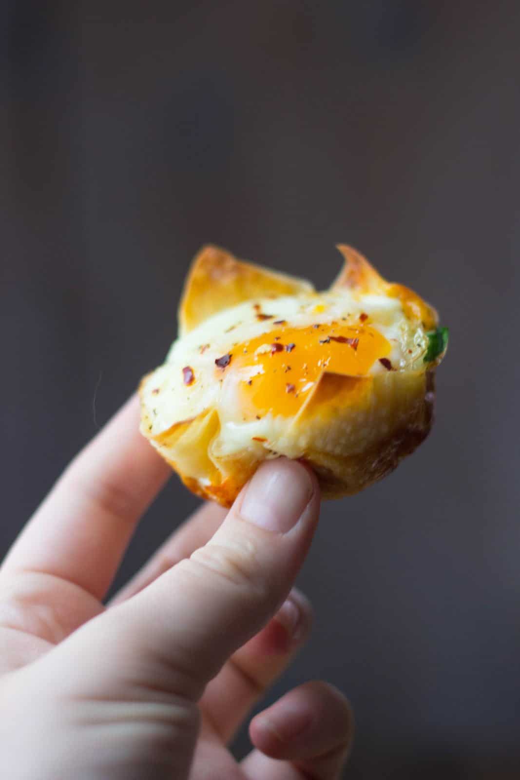 Hand holding one cheesy wonton breakfast cup.