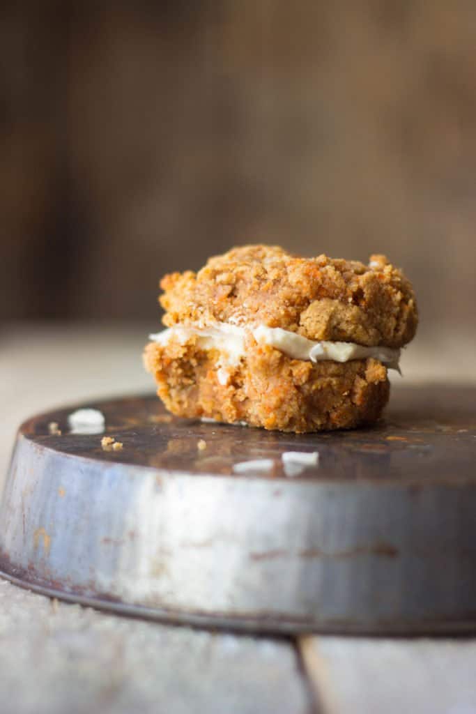Carrot cake cookie sandwich on a tin