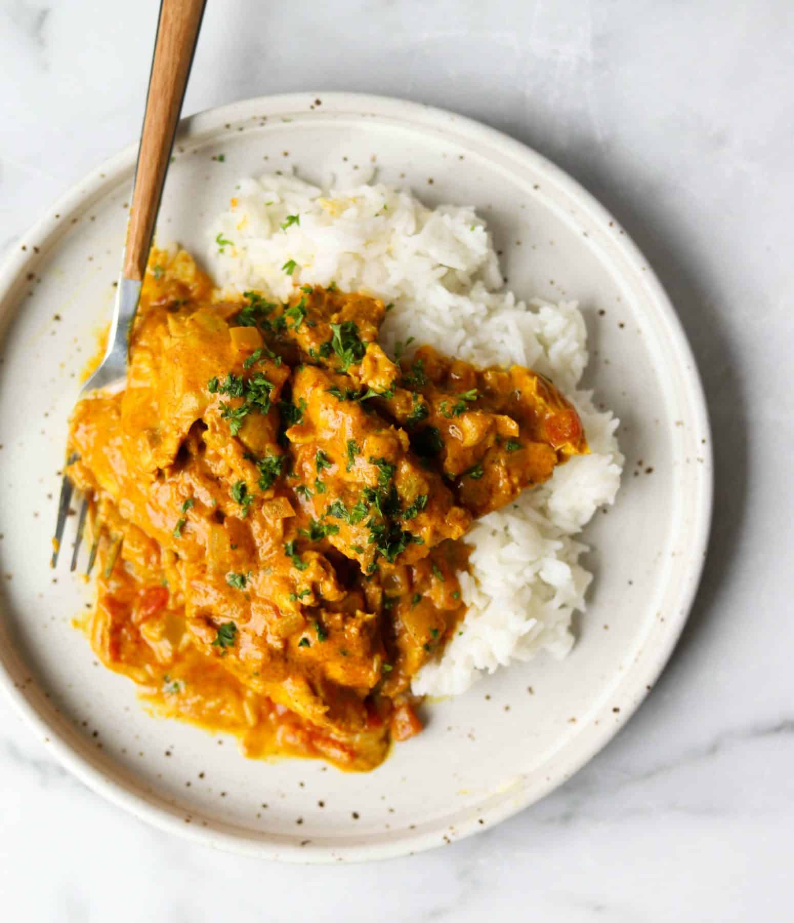 Indian Butter Chicken on a white plate