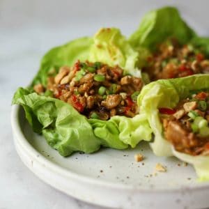 Cashew chicken lettuce wraps on a white speckled plate