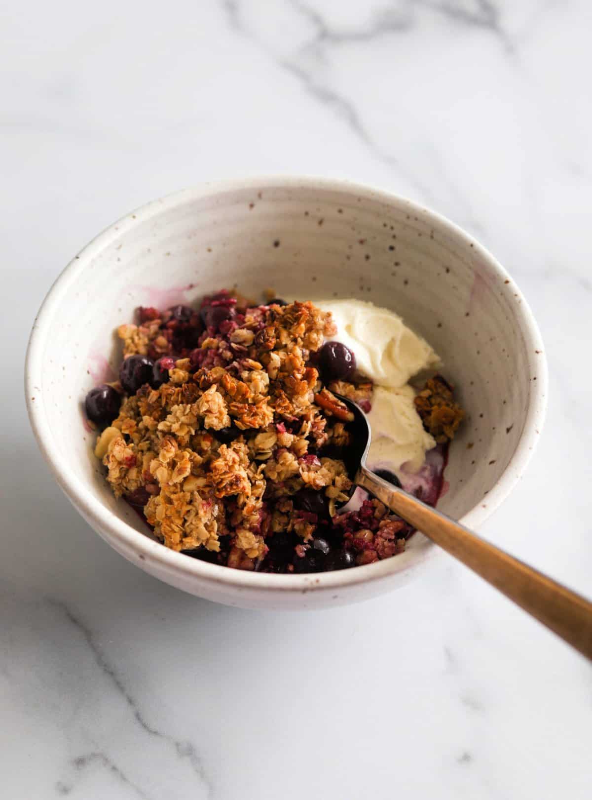 A side shot of a bowl of blueberry crumble and ice cream.