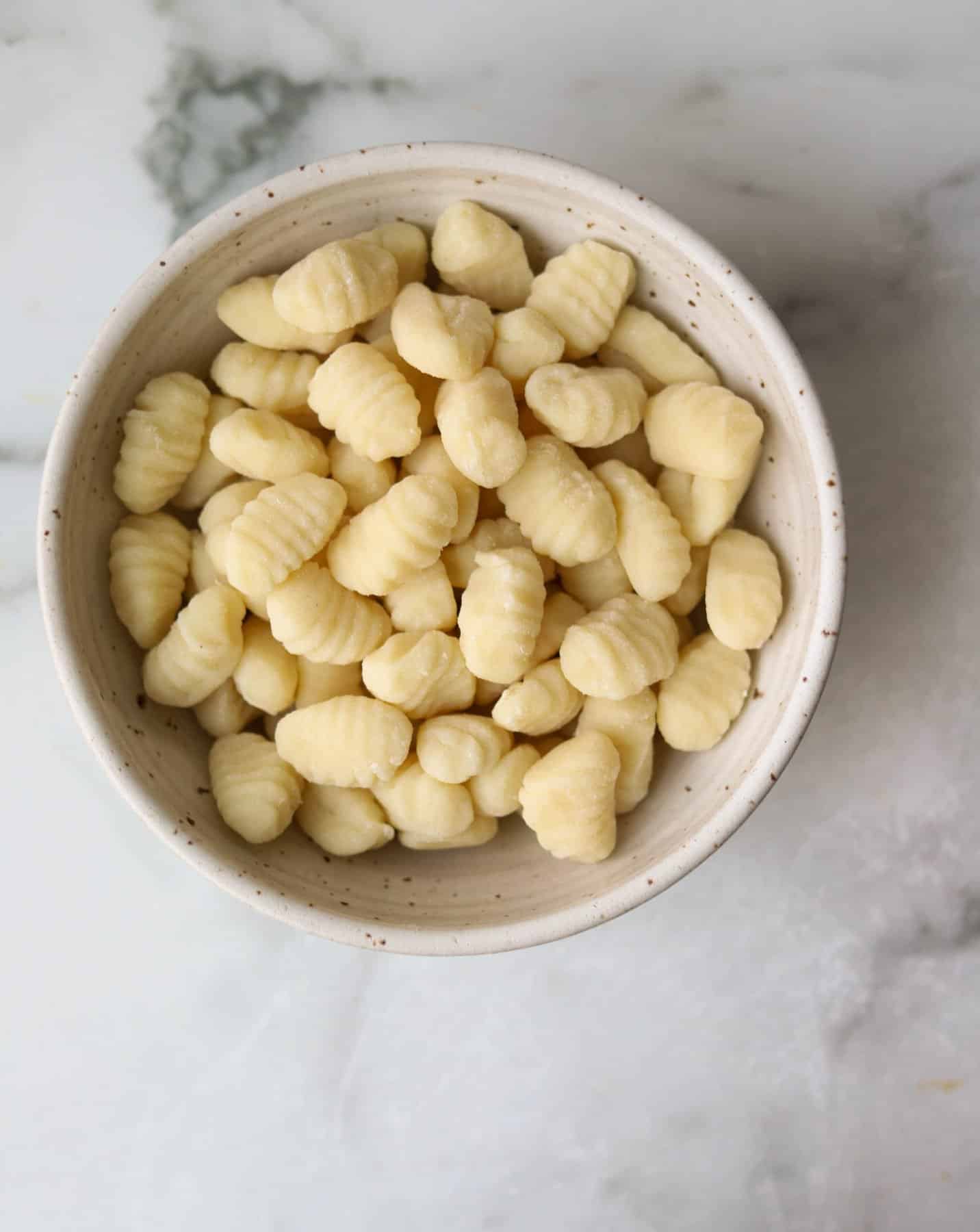 Gnocchi in a speckled bowl.