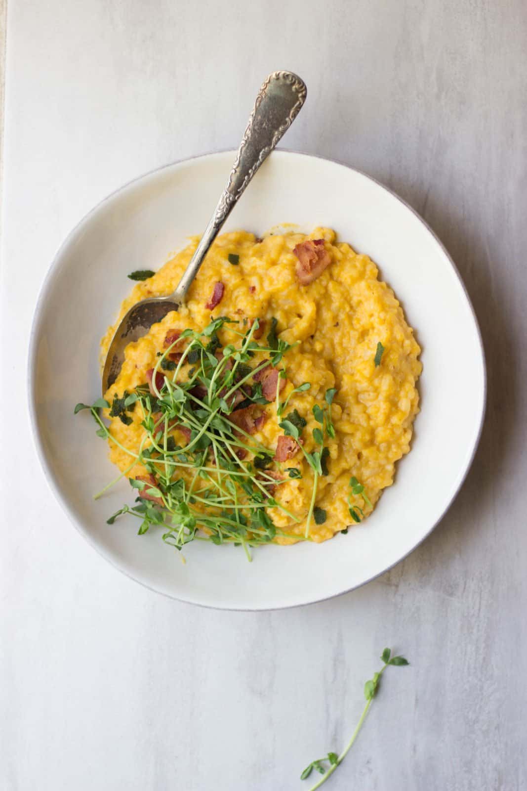 Risotto made with butternut squash and bacon (an overhead shot).