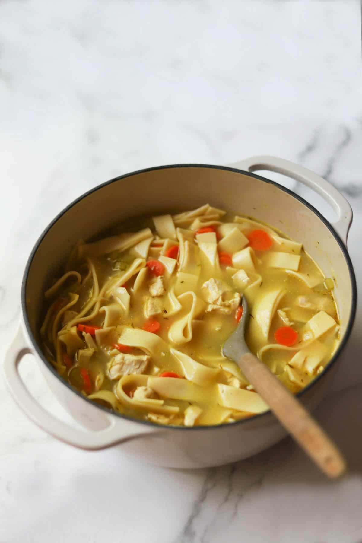 Chicken noodle soup in a pot.