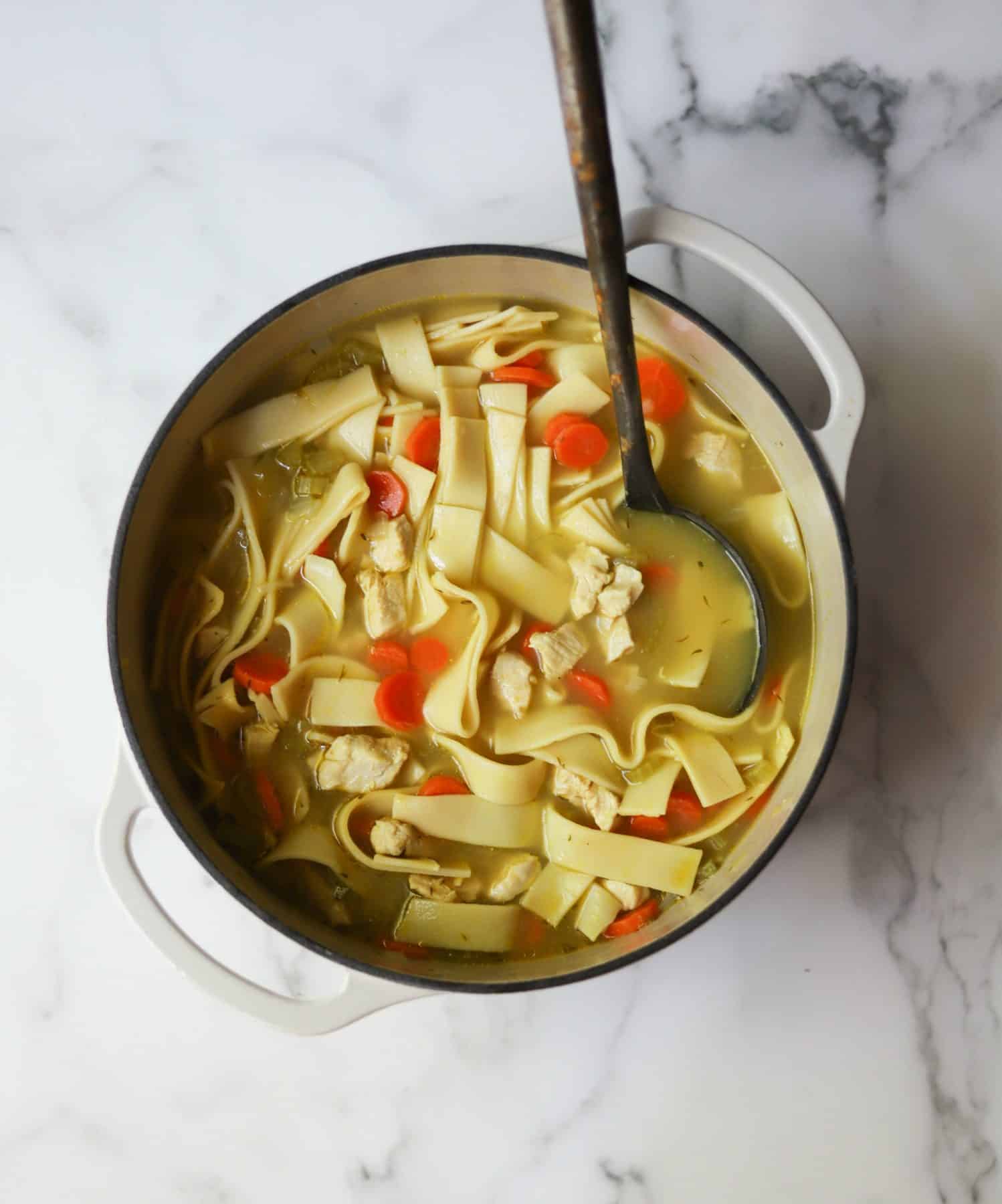 Chicken noodle soup in a pot as a healthy recipe for beginner cooks. 