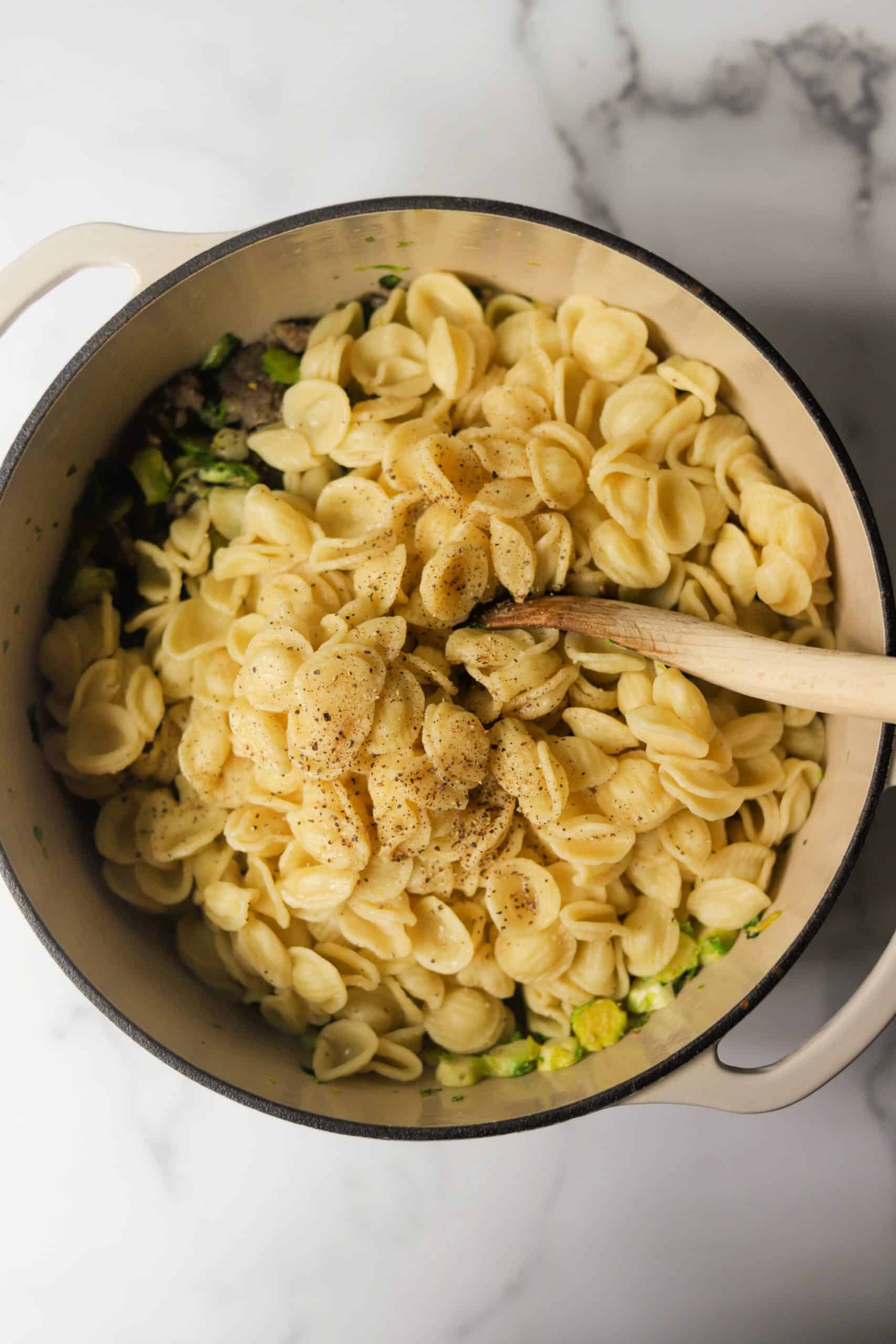 A white pot filled with Brussels pasta.