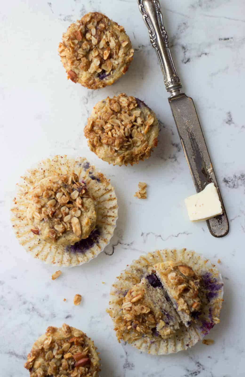 Overhead shot of healthy almond flour blueberry muffin recipe. 