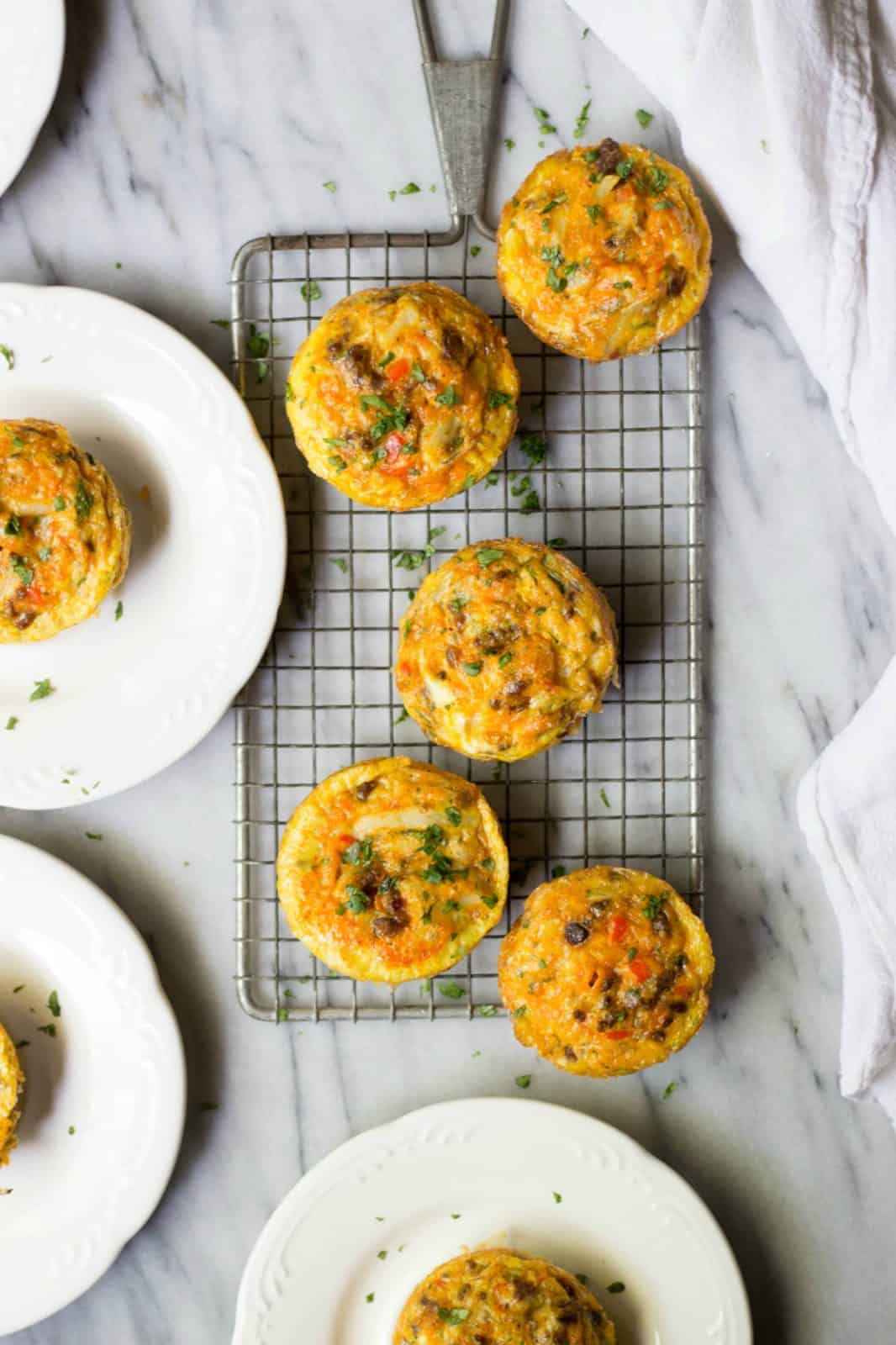 Chorizo & Hash Brown Egg Muffins on plates (a great back to school recipe idea)