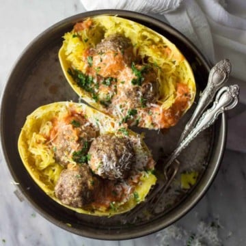 Spaghetti Squash with Italian Meatballs & Creamy Tomato Sauce in vintage tin.