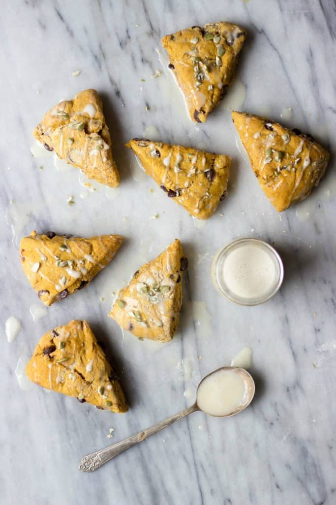 Pumpkin Chocolate Chip Mini Scones on marble board.