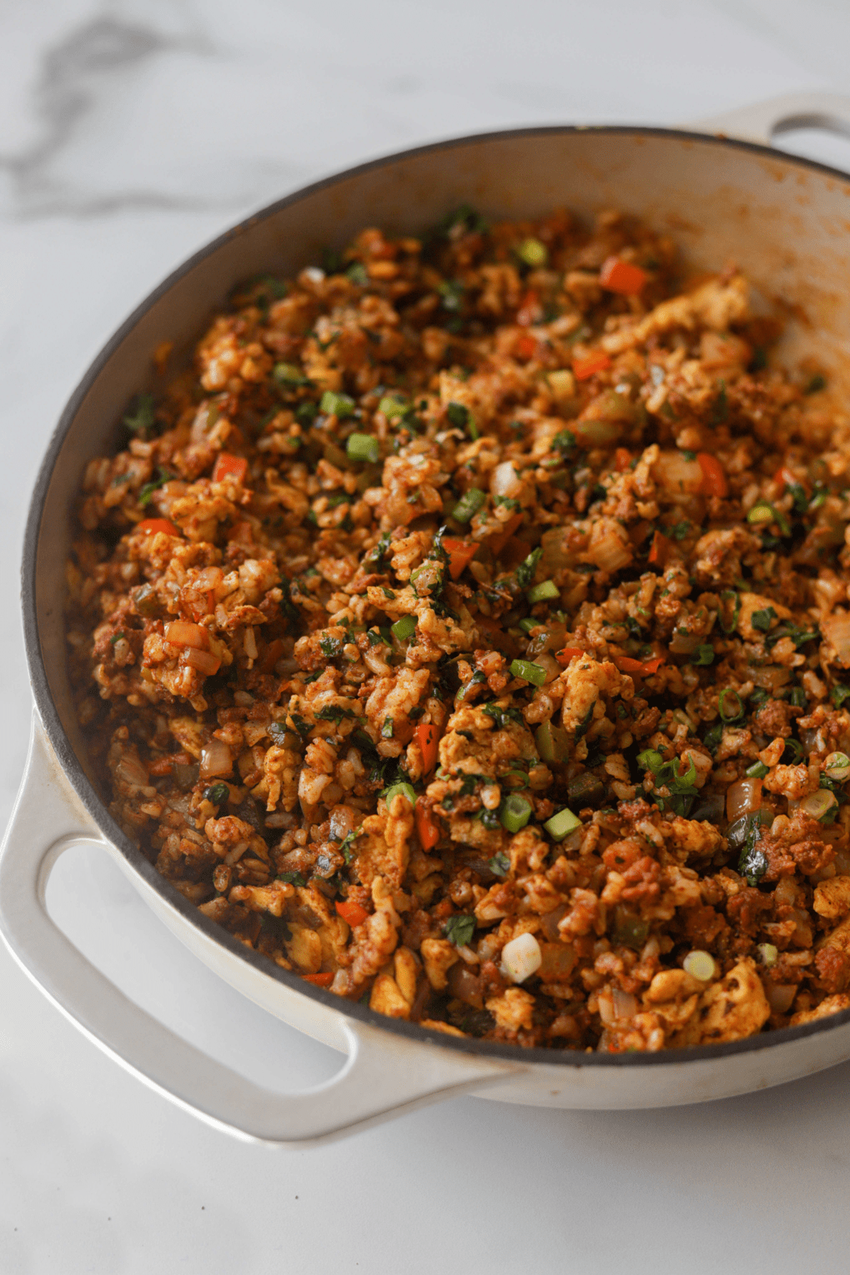 A side shot of a pot of chorizo fried rice.