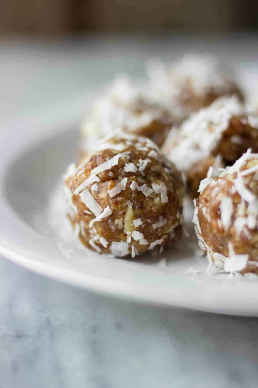 Close-up shot of finished Coconut Date Energy Bites