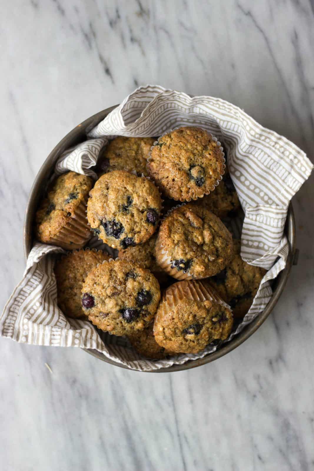 Finished blueberry date muffins in a bowl