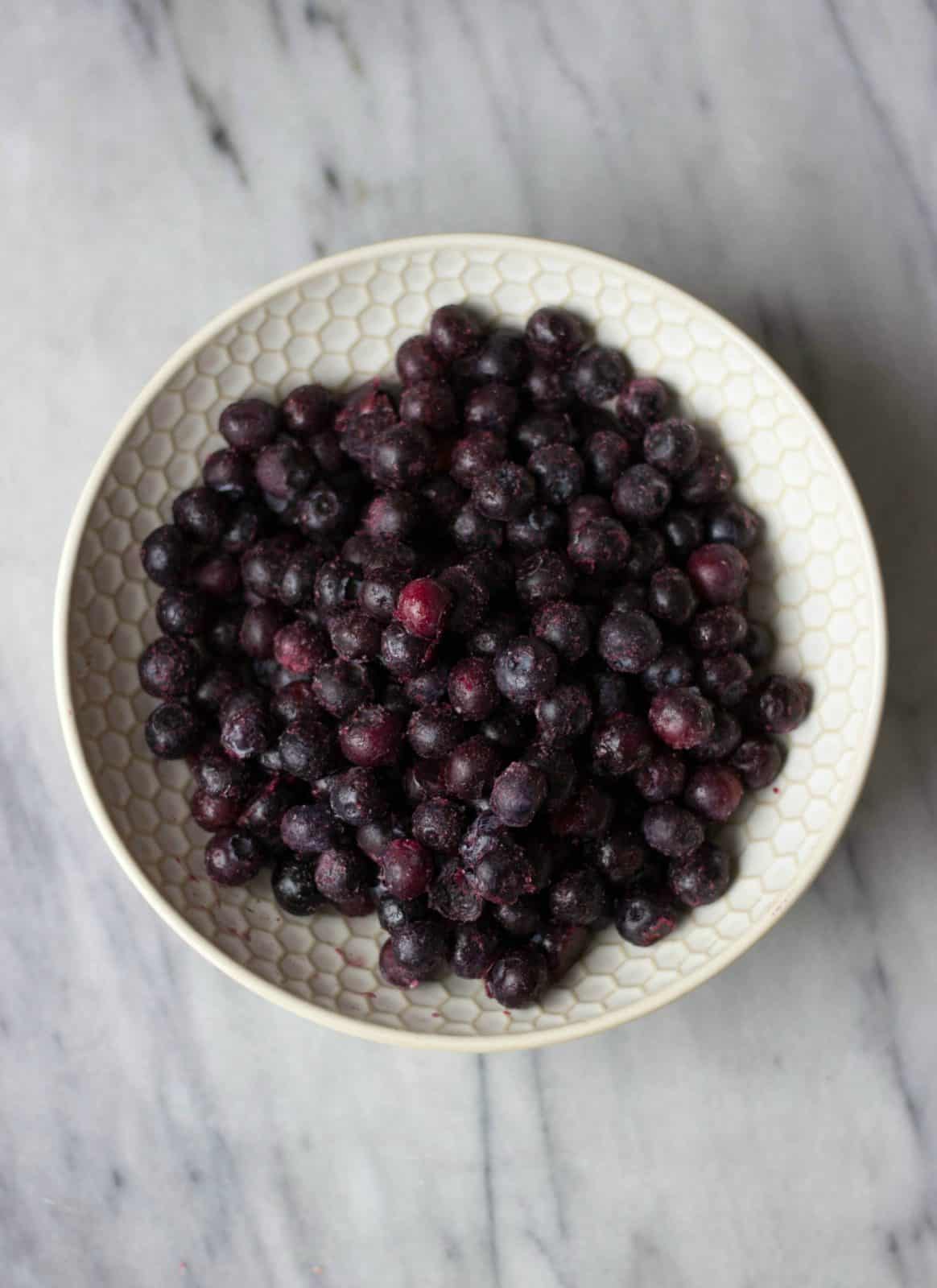 Overhead shot of Blueberries in a white bowl