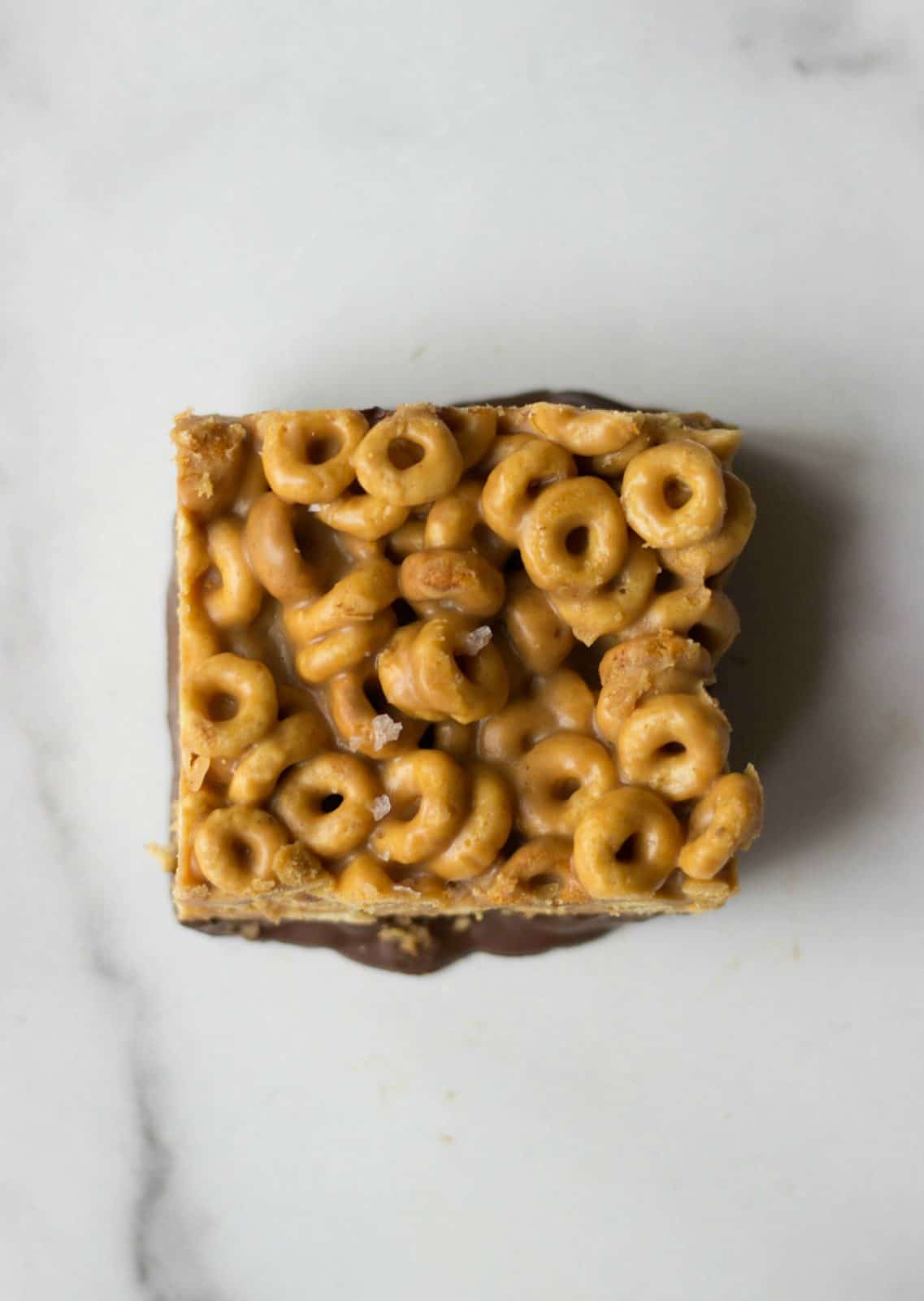 Overhead shot of one Chocolate-Dipped Peanut Butter Cereal Bar