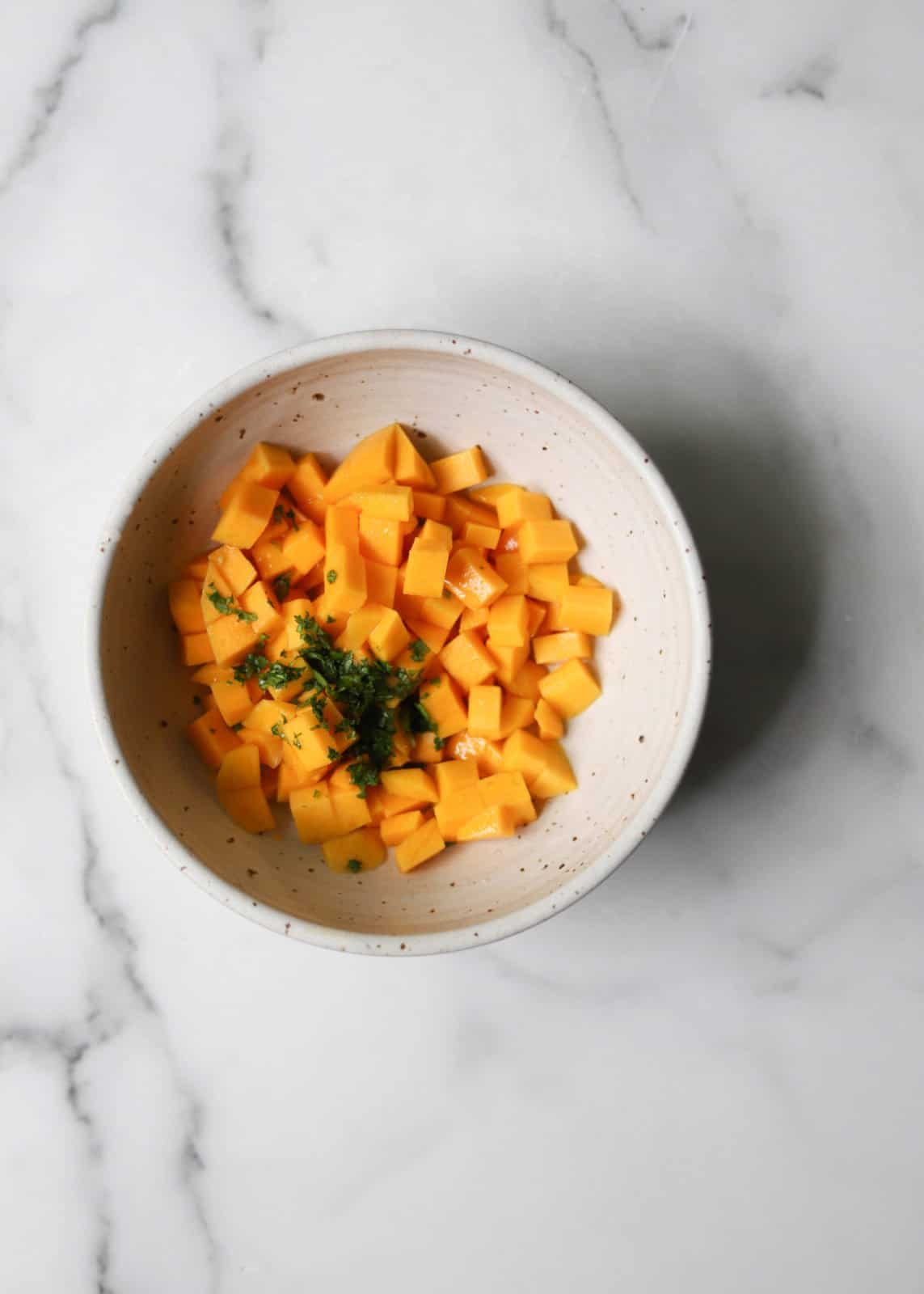 Mango Salsa in a white bowl