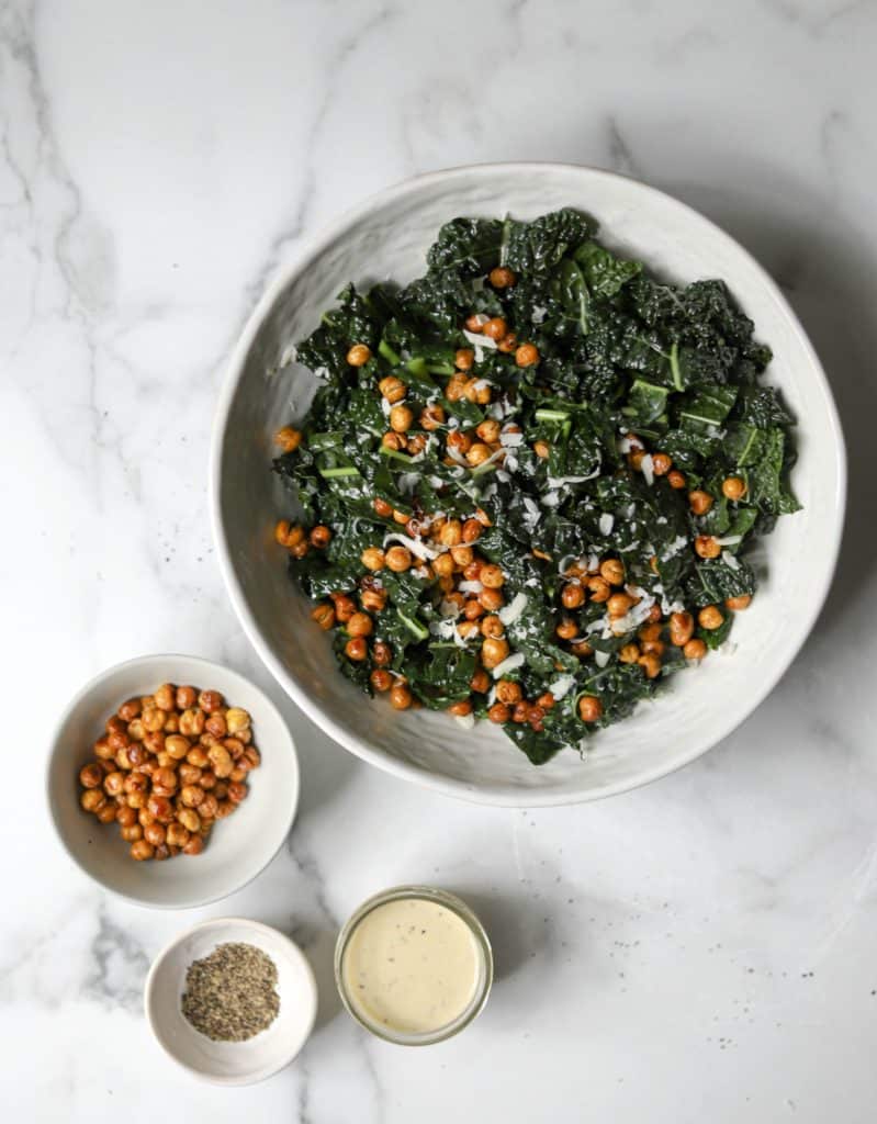 Kale & Crispy Chickpeas and Caesar Dressing in bowls