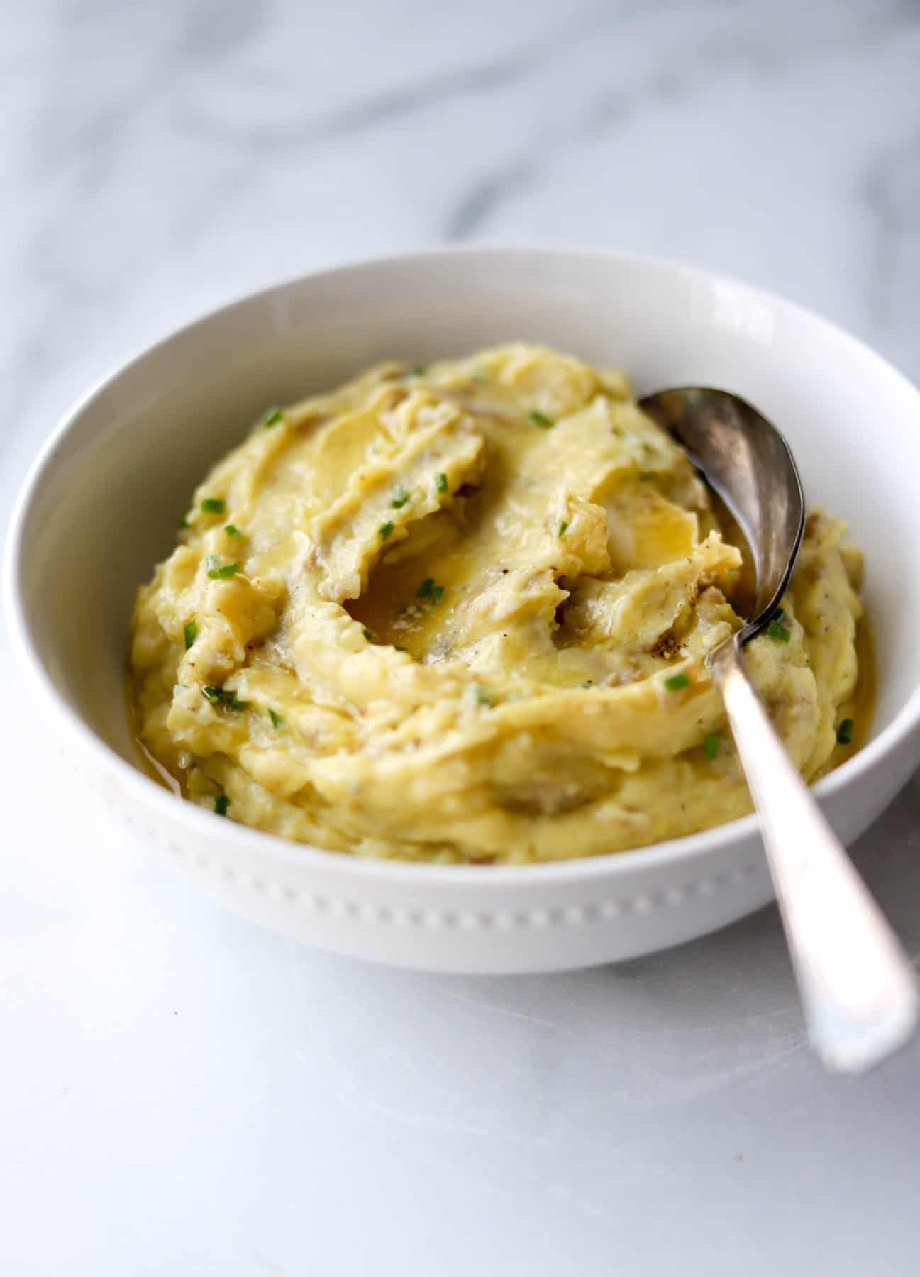 Mashed potatoes in a white bowl