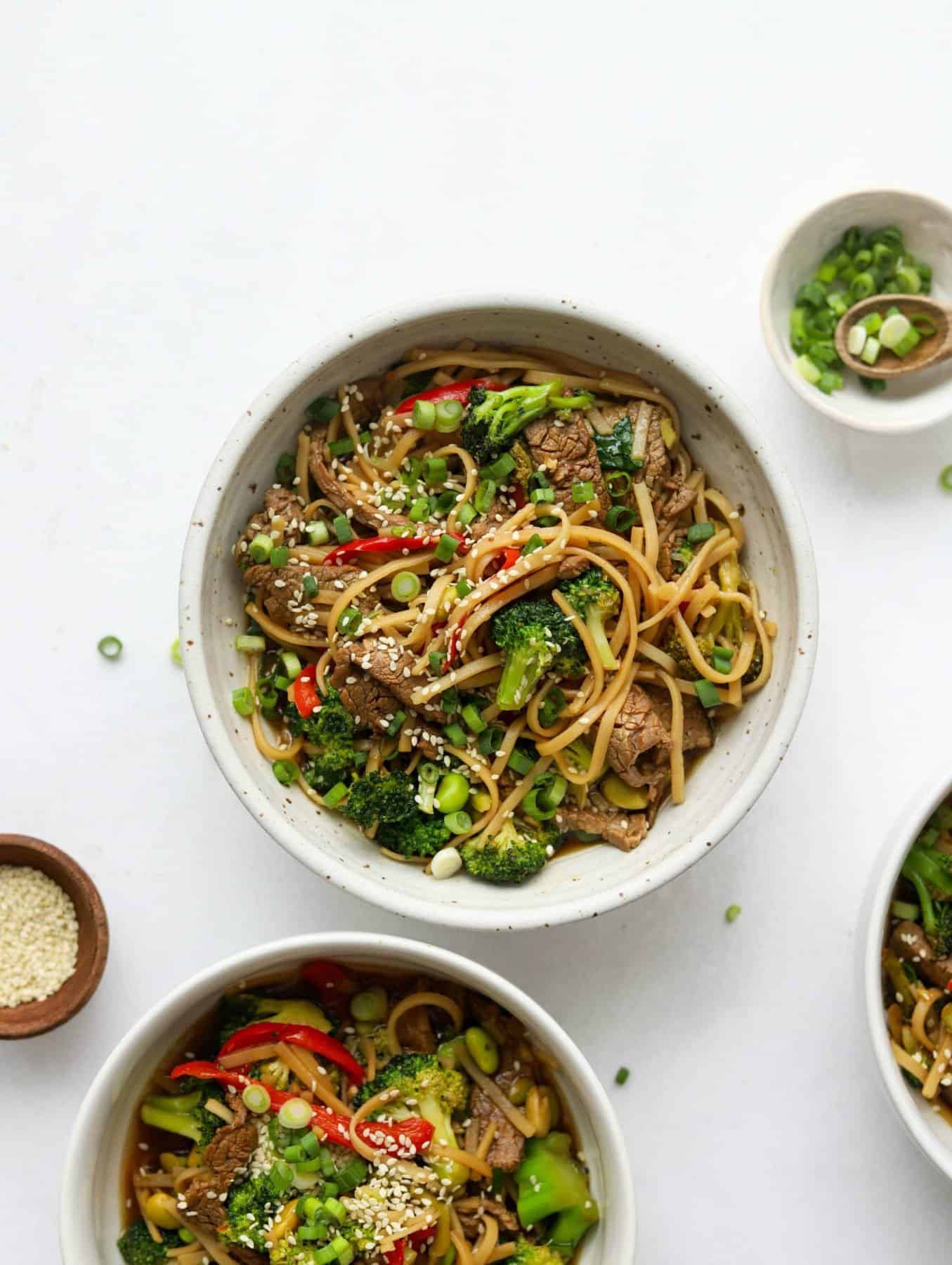 Overhead shot of Asian-Style Beef & Veggie Noodle Bowls