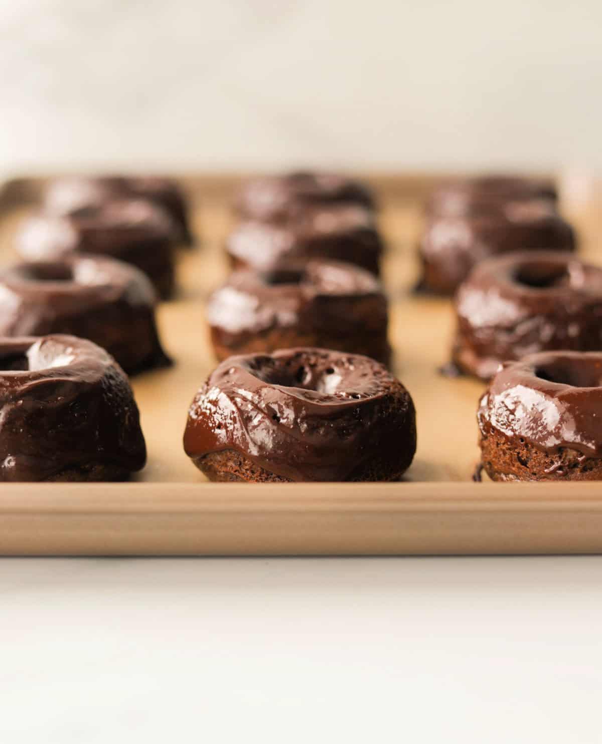 A front shot close up of a chocolate donut with chocolate glaze.