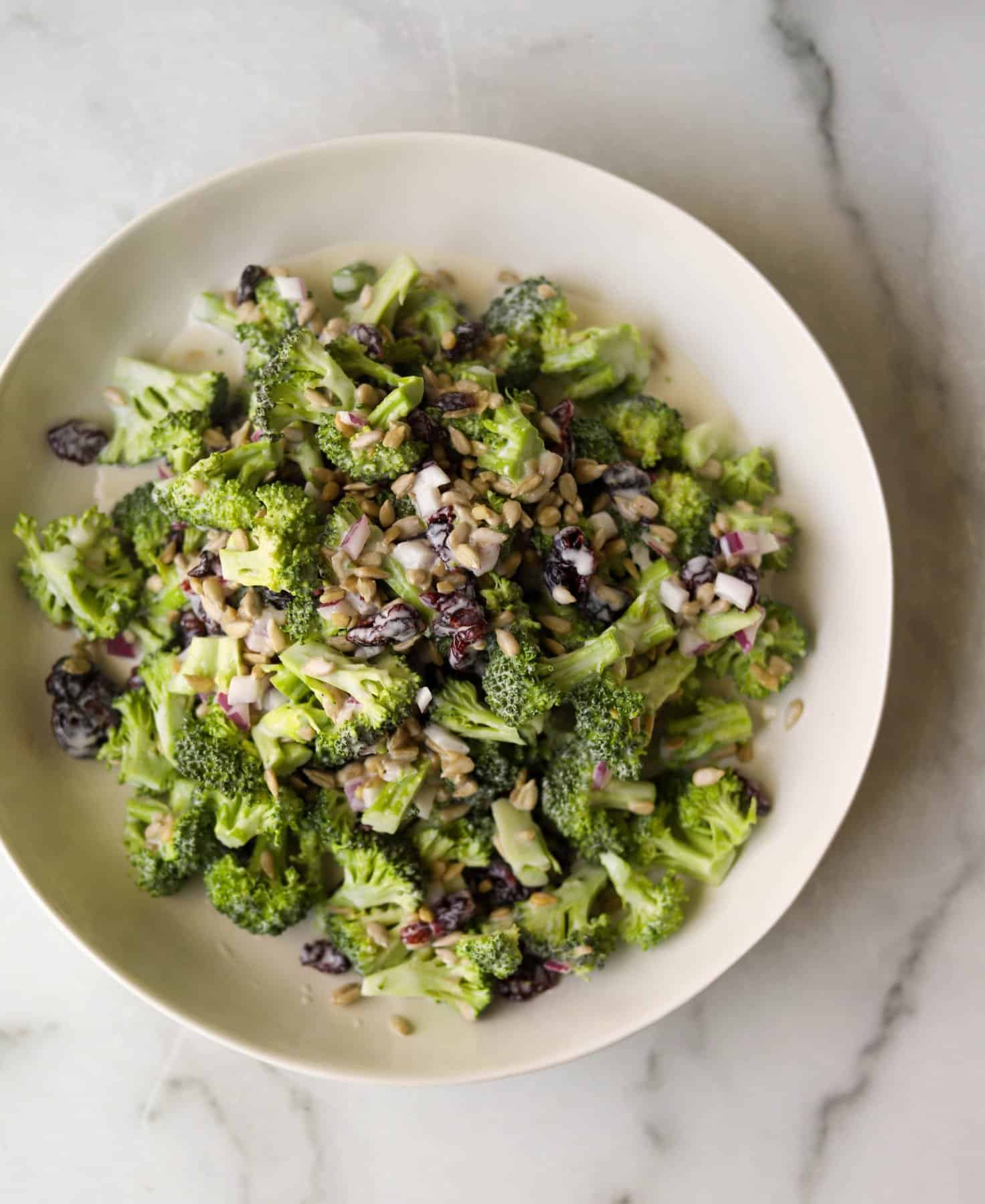 Broccoli Salad in a white bowl