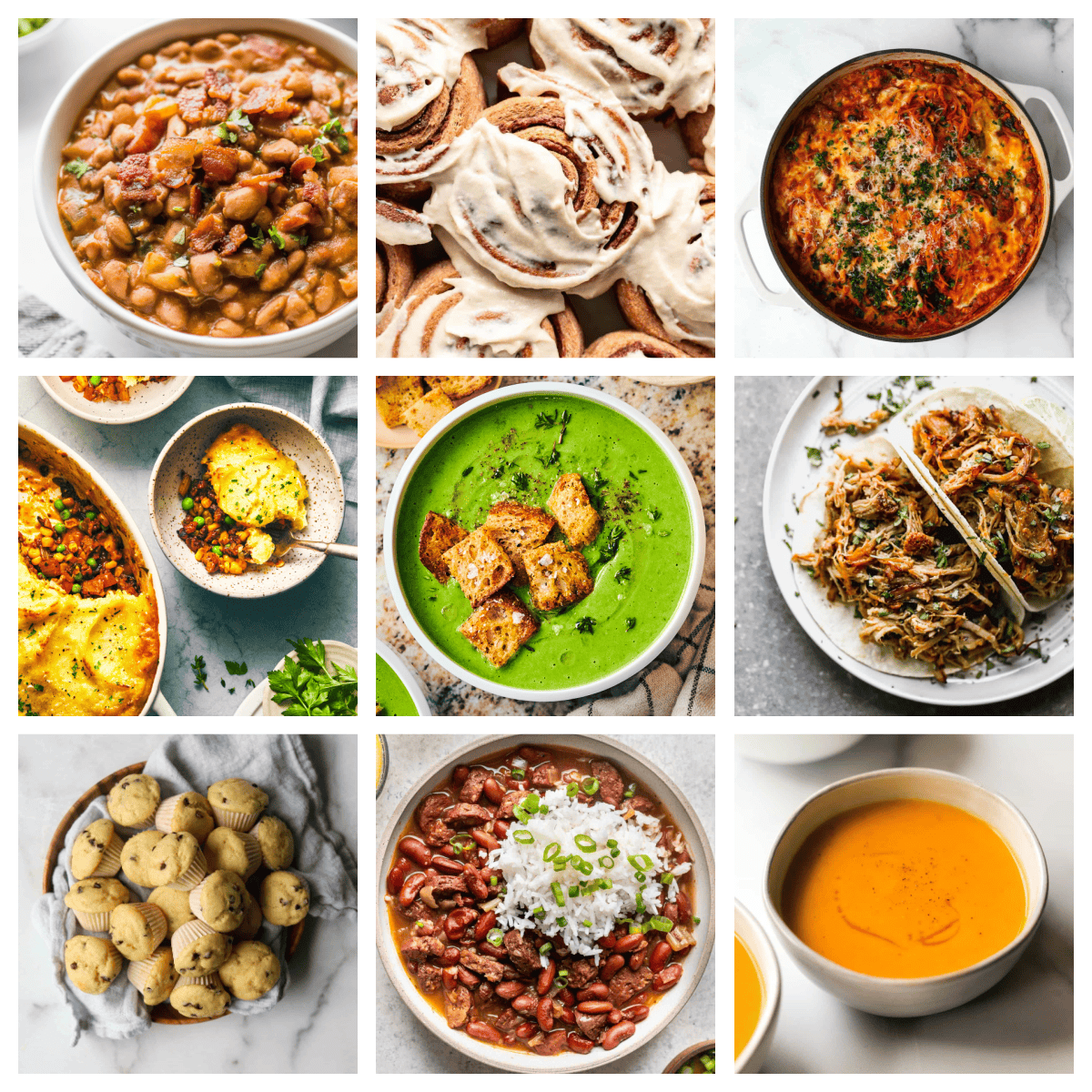 Collage of 9 freezer friendly recipes.