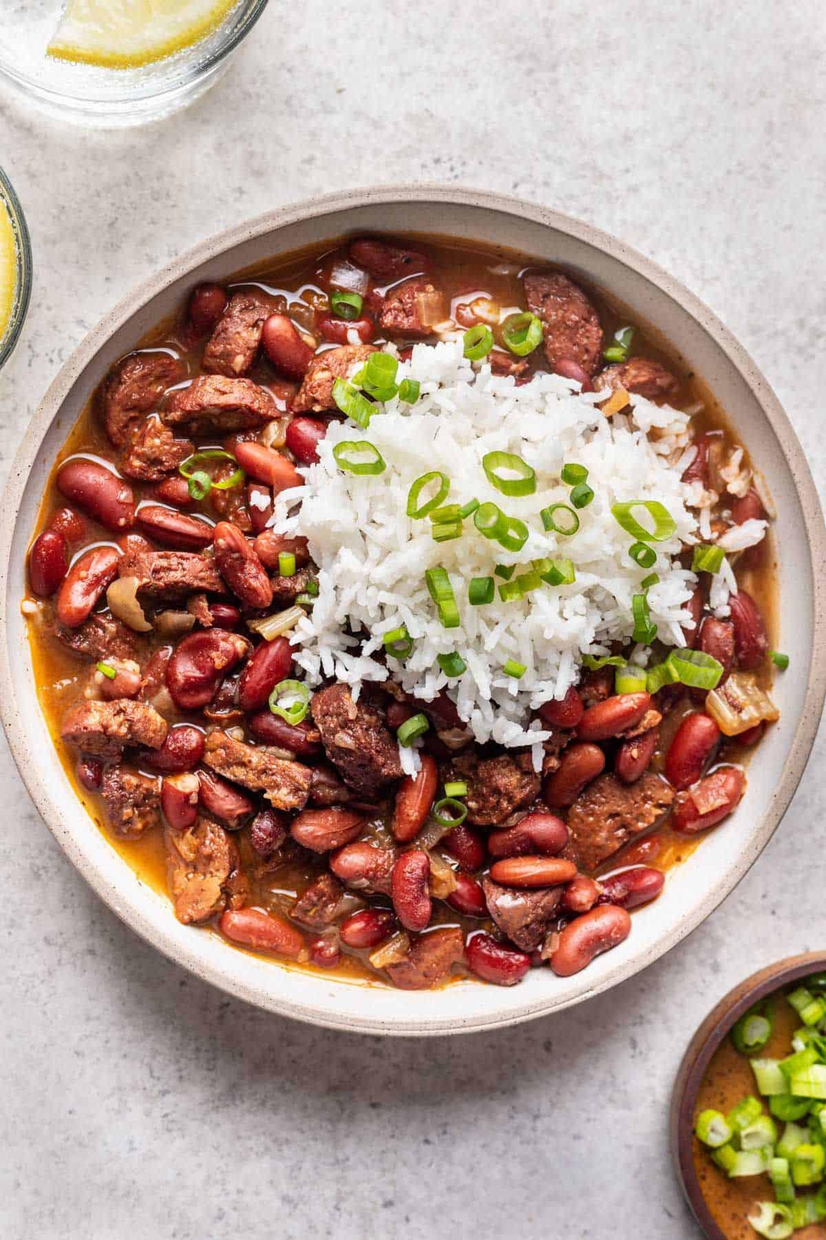 An overhead shot of a bowl of red beans and rice.