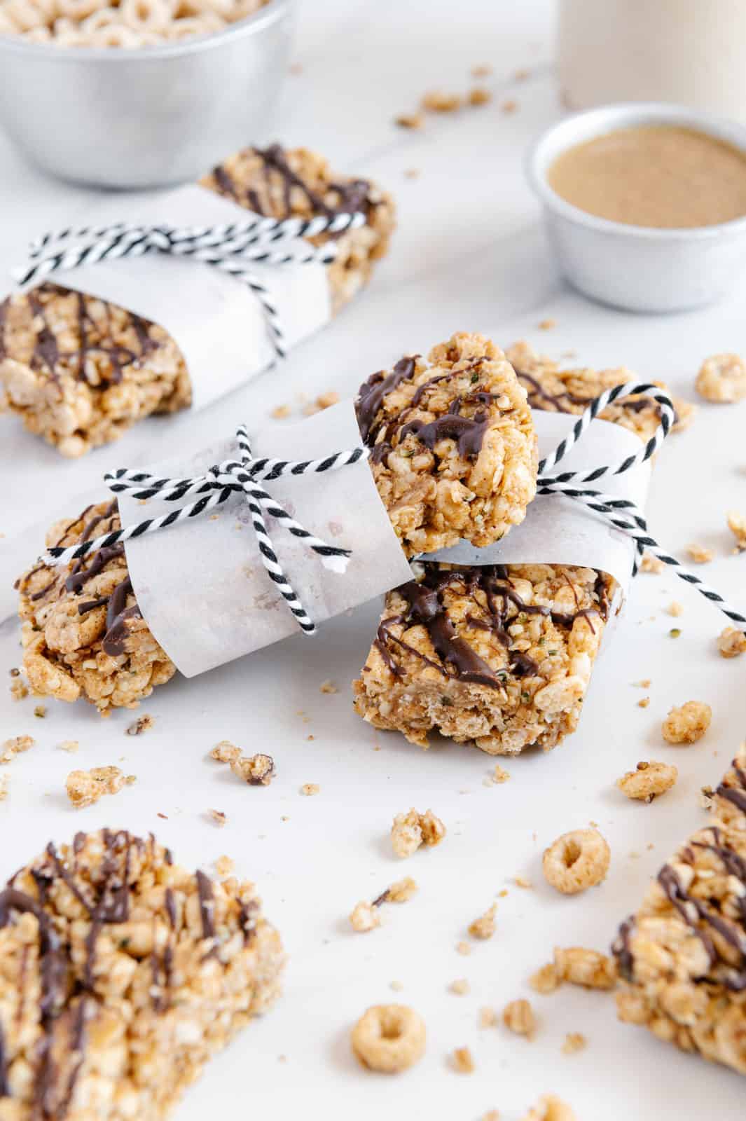 A front shot of wrapped homemade cereal bars.