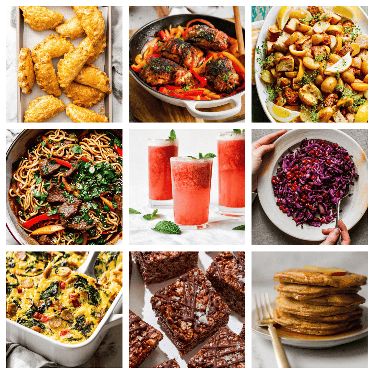 A collage of 9 recipes that are easy for beginner cooks.