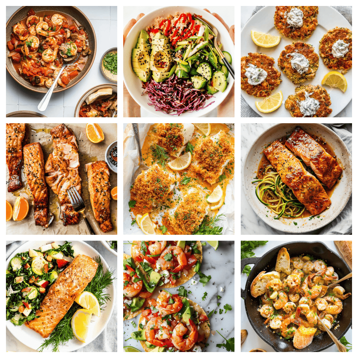 A collage of fish and seafood recipes.