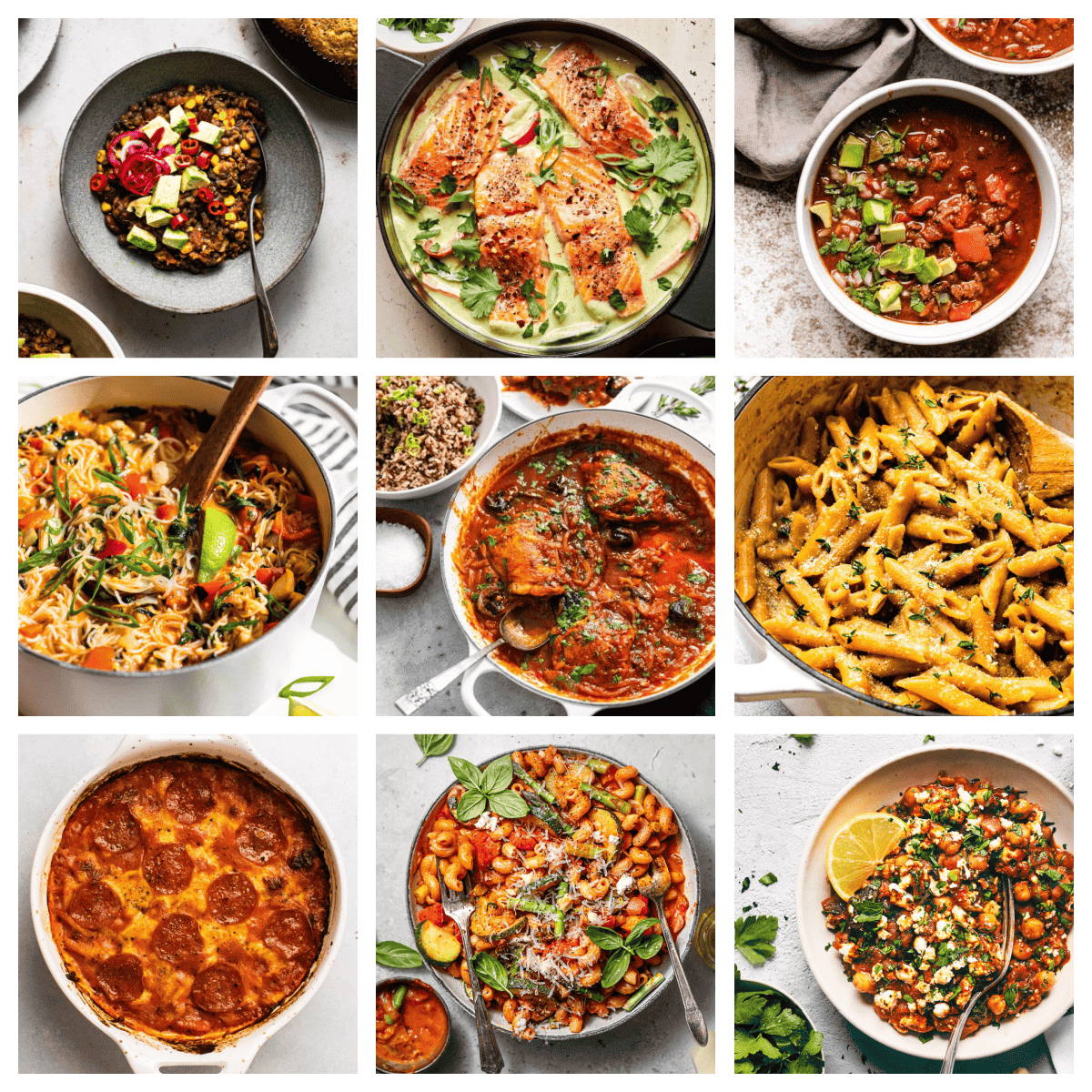 A collage of 9 healthy one pot meals.