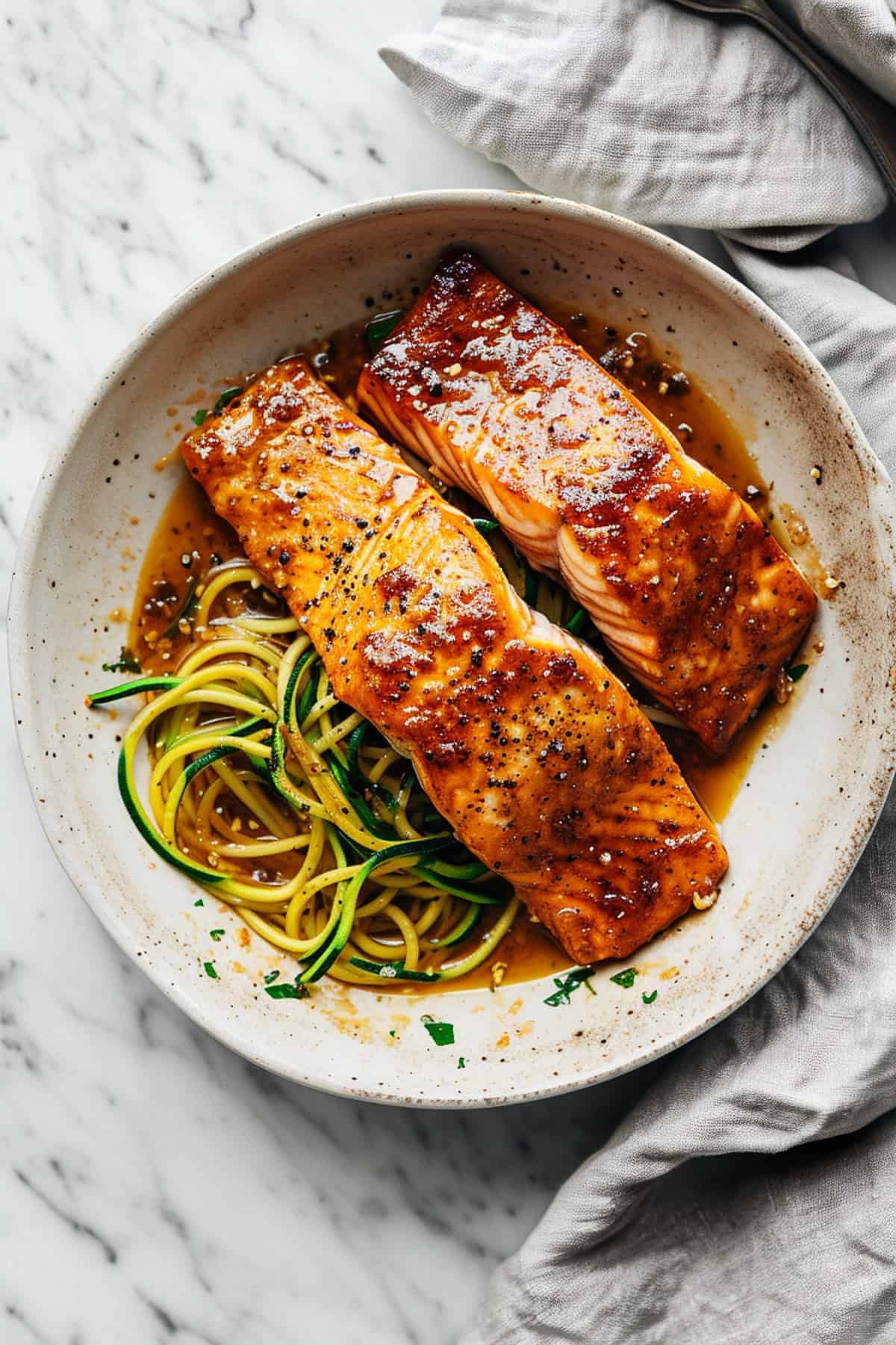 An overhead shot of a bowl of maple salmon and zoodles.