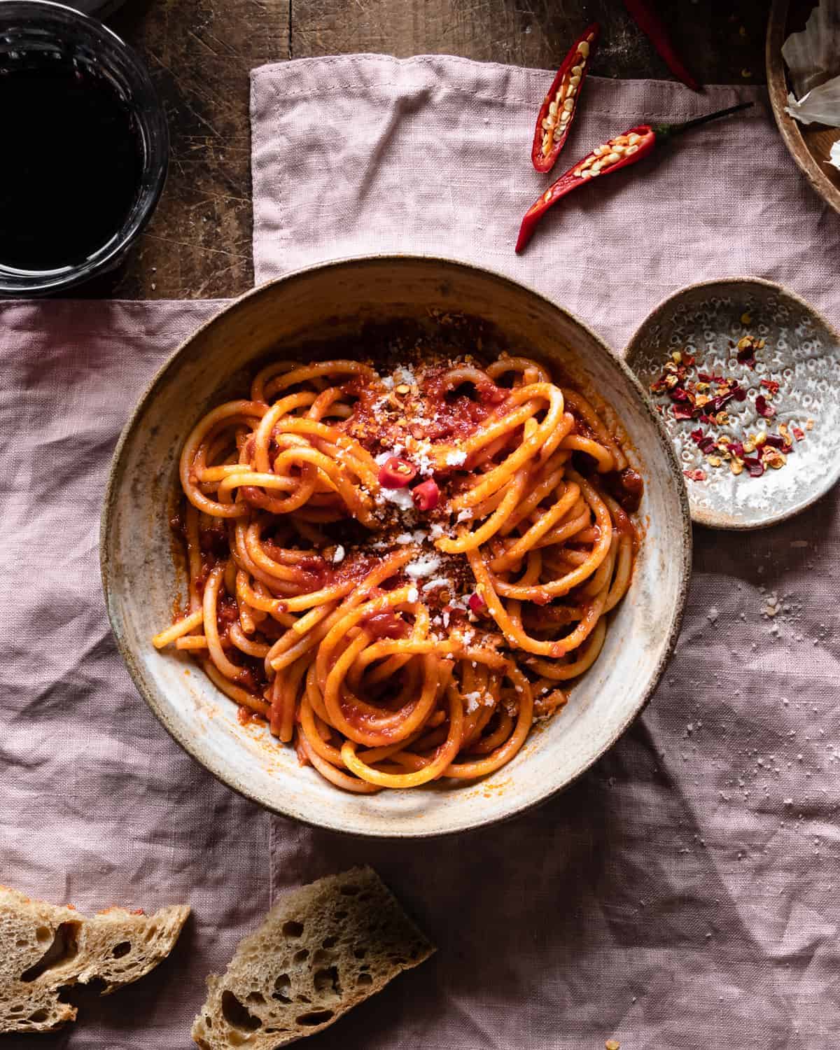 An overhead shot of a bowl of spaghetti arrabiata.