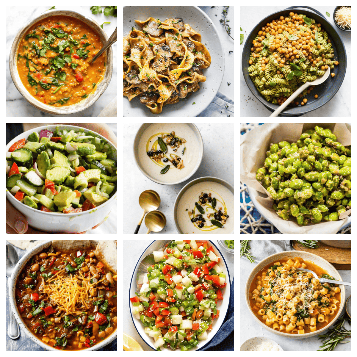 An overhead shot of a collage of vegetarian recipes.