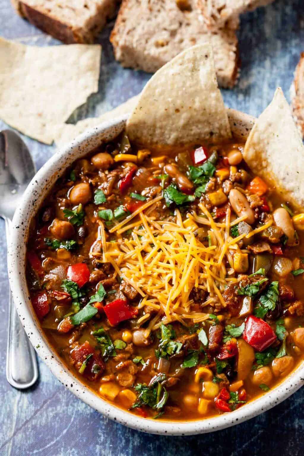 A side front shot of a bowl of vegetarian bean chili.