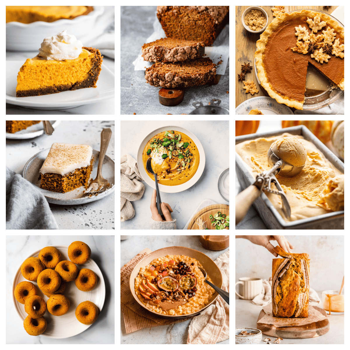 A collage of savory and sweet pumpkin recipes.