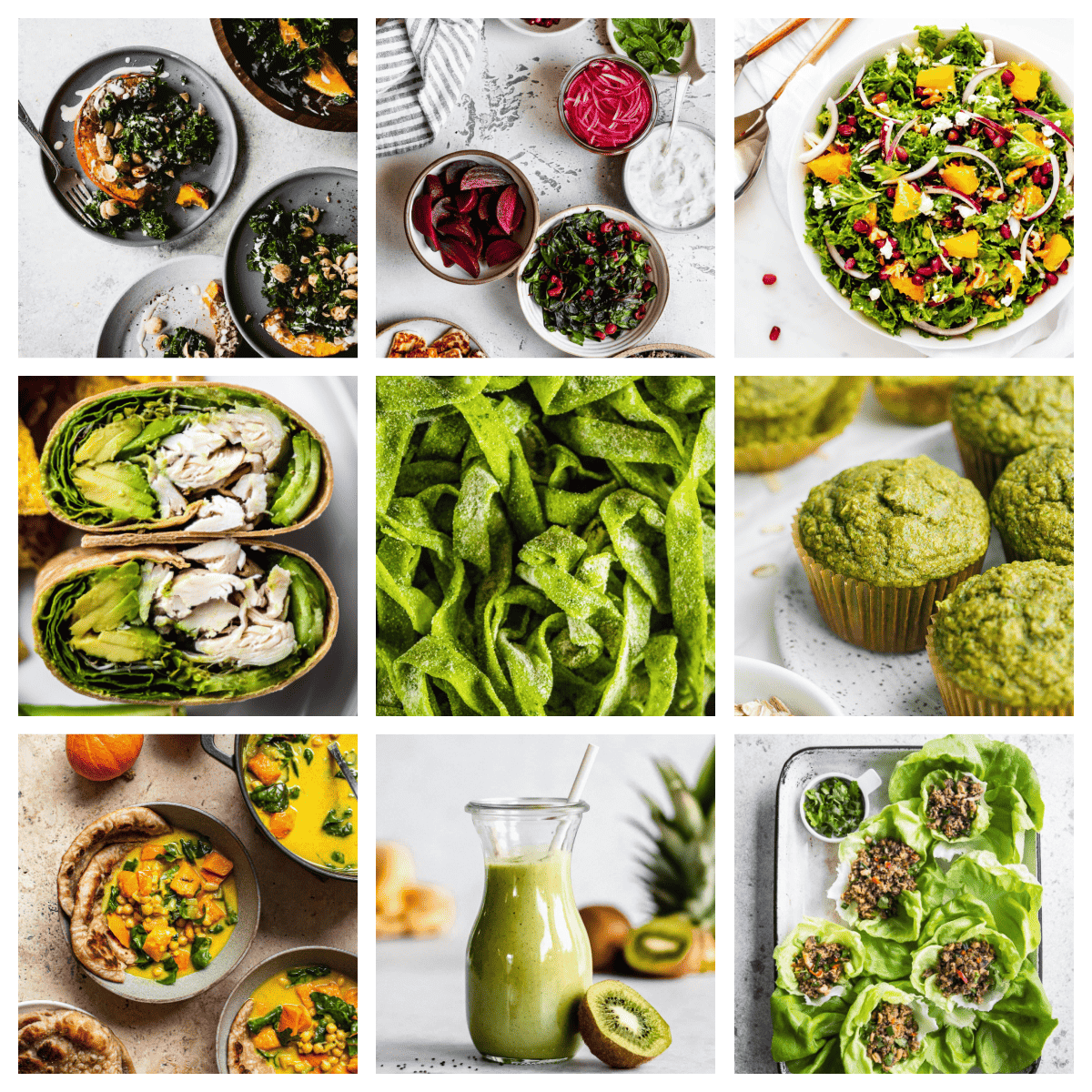 A collage of leafy green vegetable recipes.