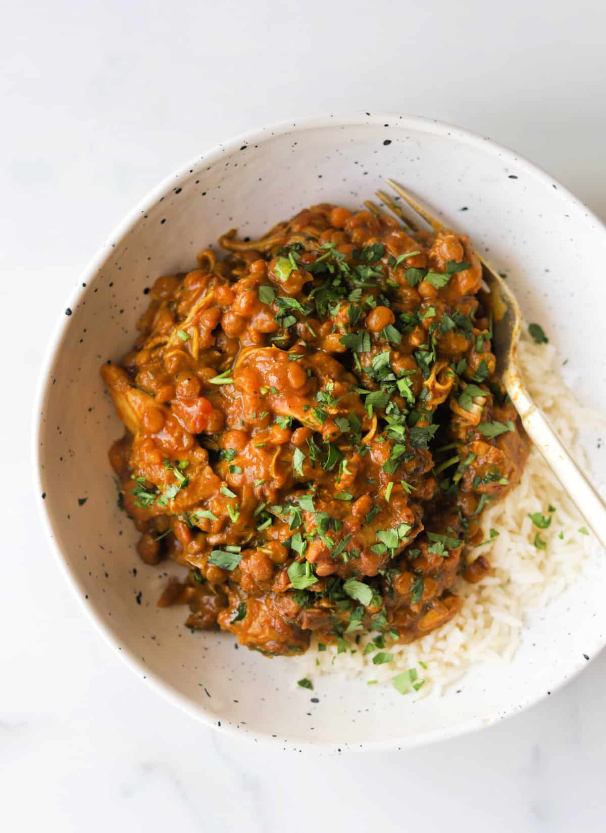 An overhead shot of a bowl of chicken lentil curry on top of a bed of Jasmine rice with cilantro.