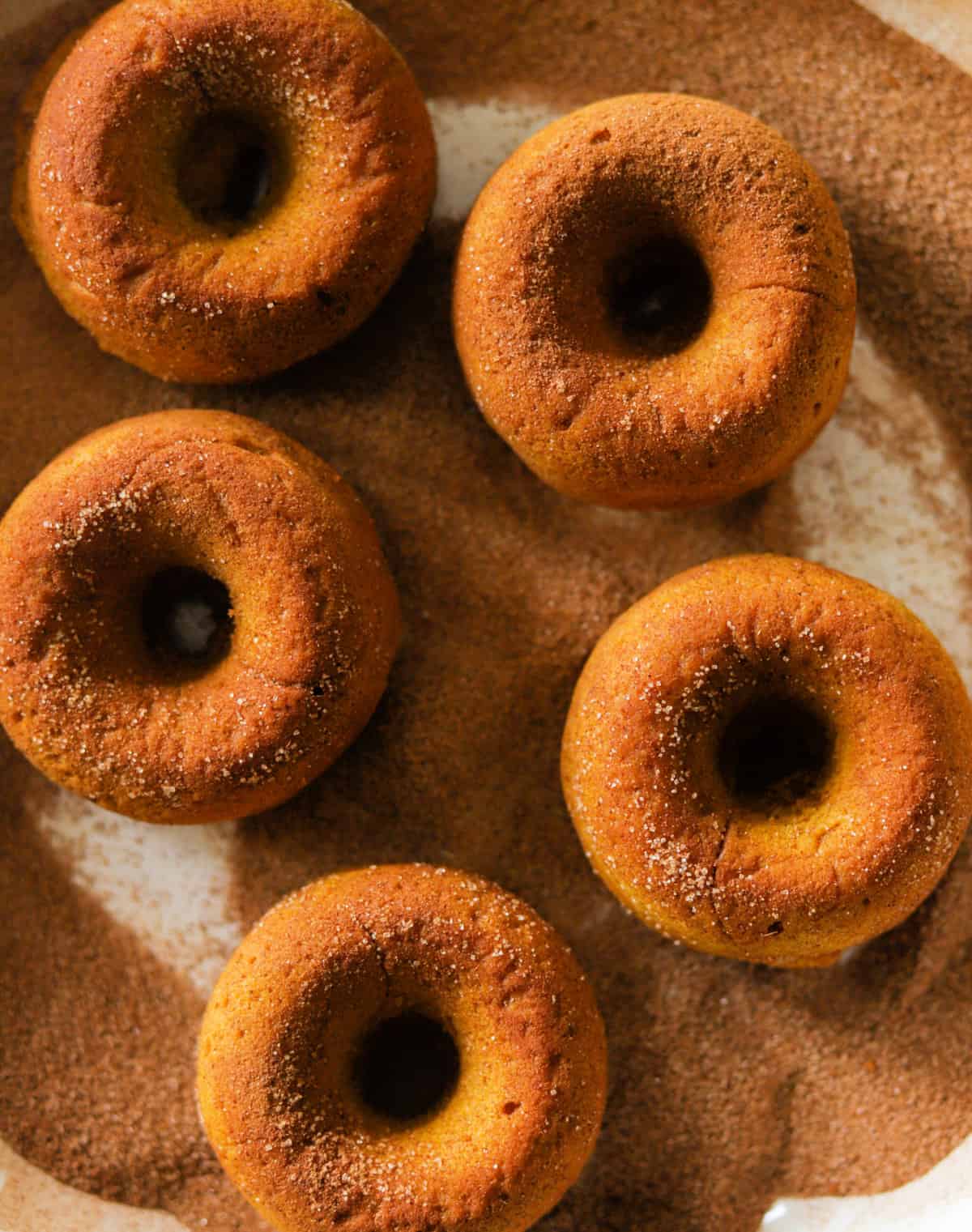 A close up overhead shot of cinnamon sugar pumpkin spice donuts in a dish.