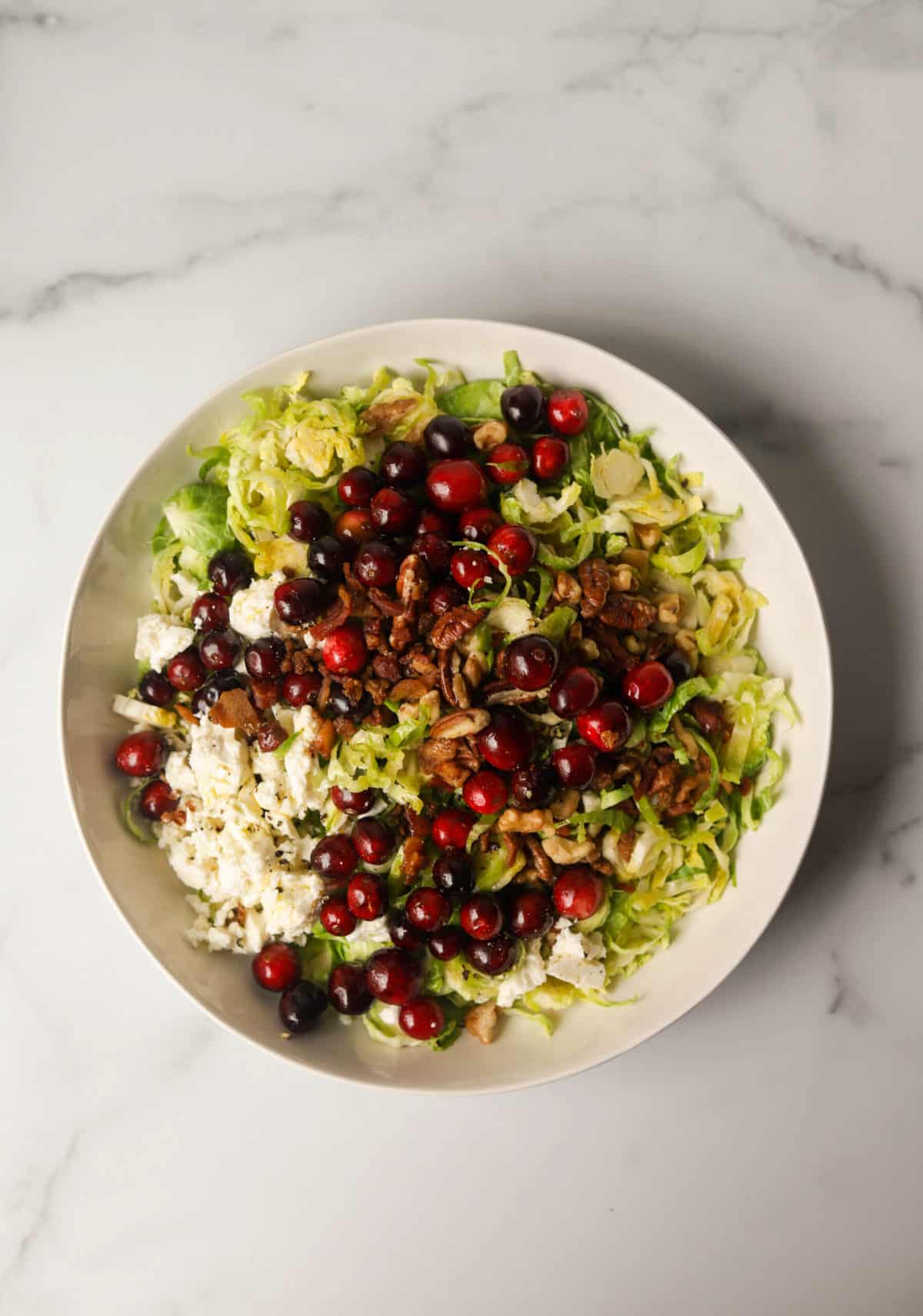 An overhead shot of a bowl of Brussels cranberry salad.