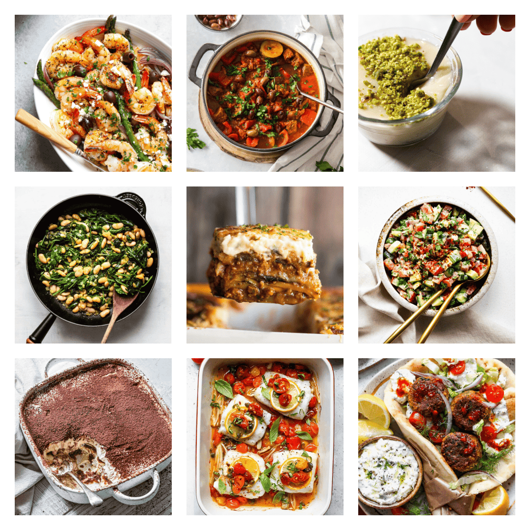 A collage of images of Mediterranean diet recipes.
