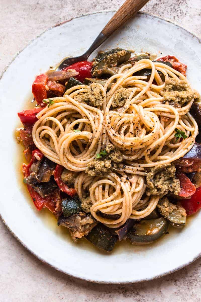 An overhead shot of a dish of vegan spaghetti.