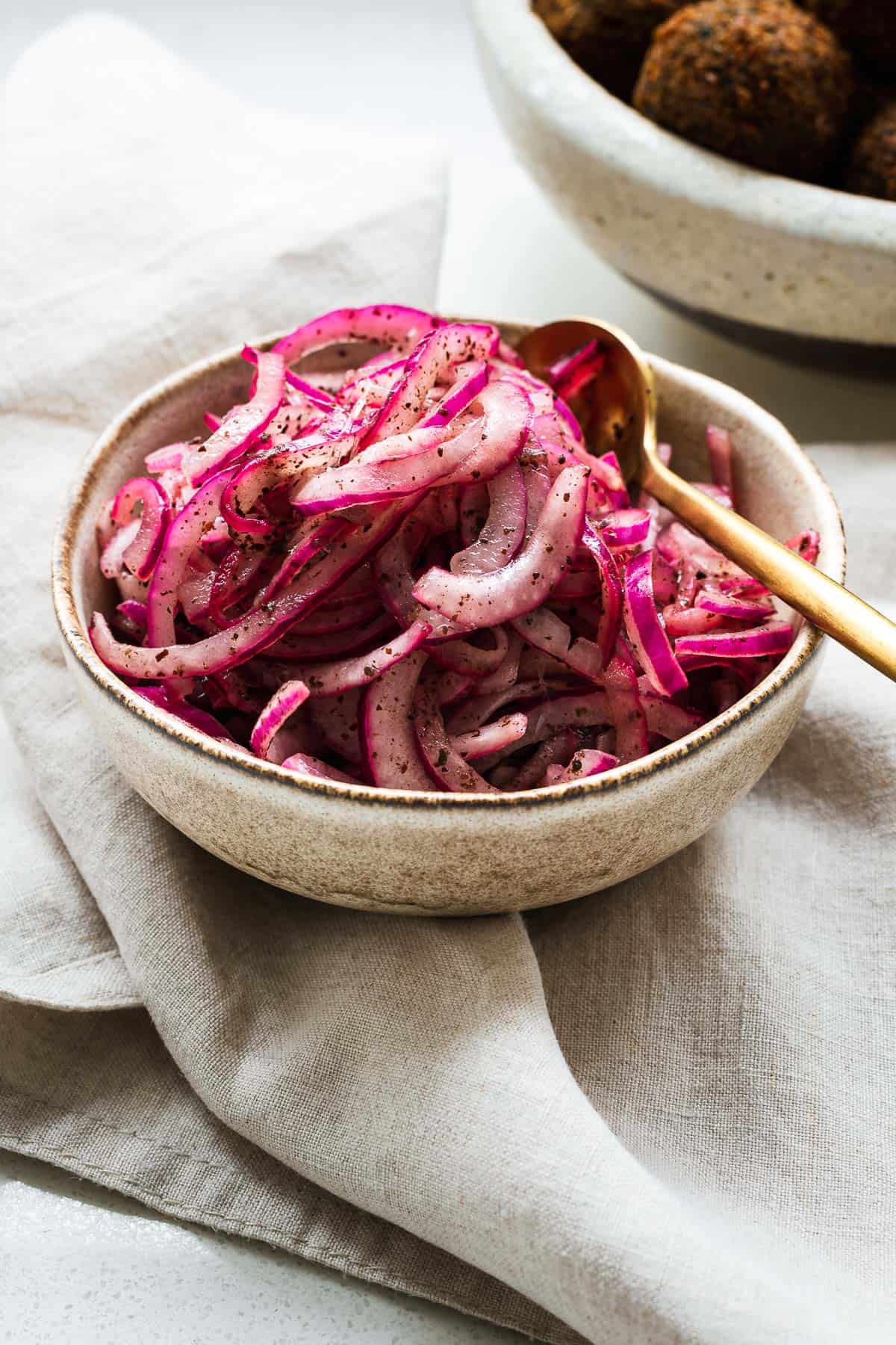 A side shot of a dish of sumac sliced red onions.